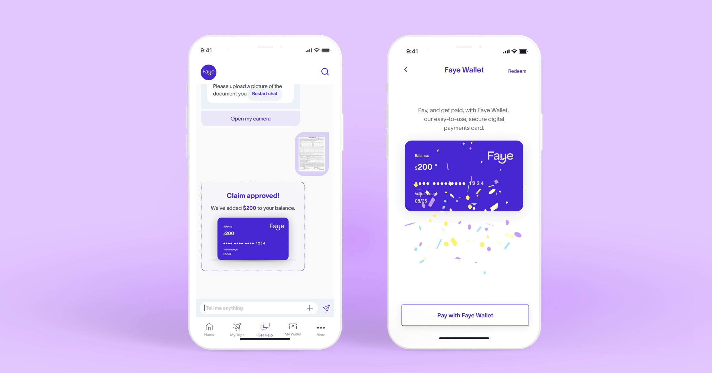 Two Faye app screens on a phone about claims with a purple background