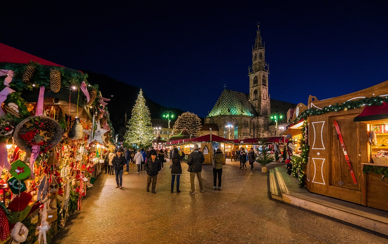 Bolzano Christmas market in the evening. Trentino Alto Adige, Italy