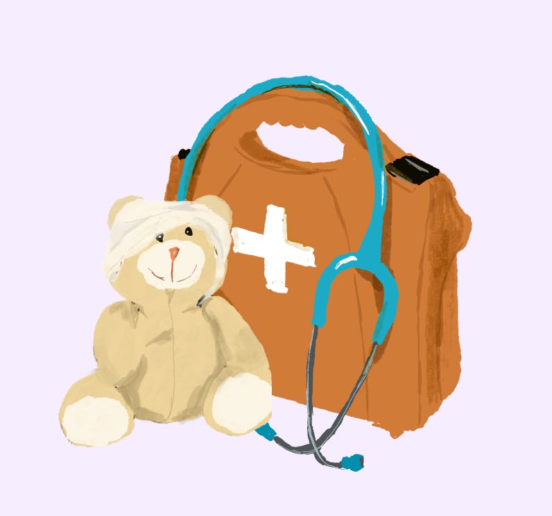 Teddy bear with bandage on it's head sitting next to a first aid kit and stethoscope with a light purple background