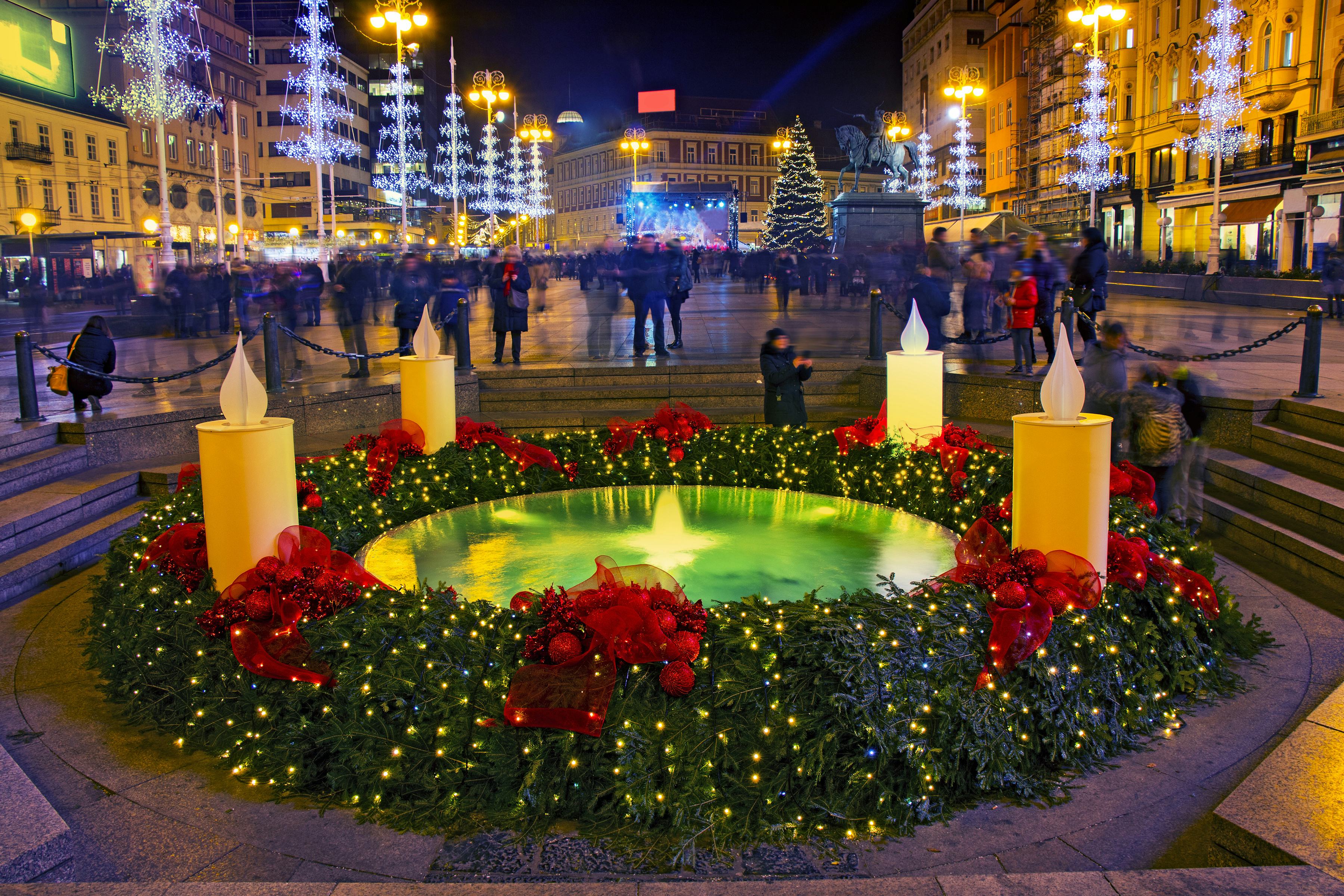 Mandusevac fountain on Ban Jelacic square decorated with advent wreath as part of Advent in Zagreb
