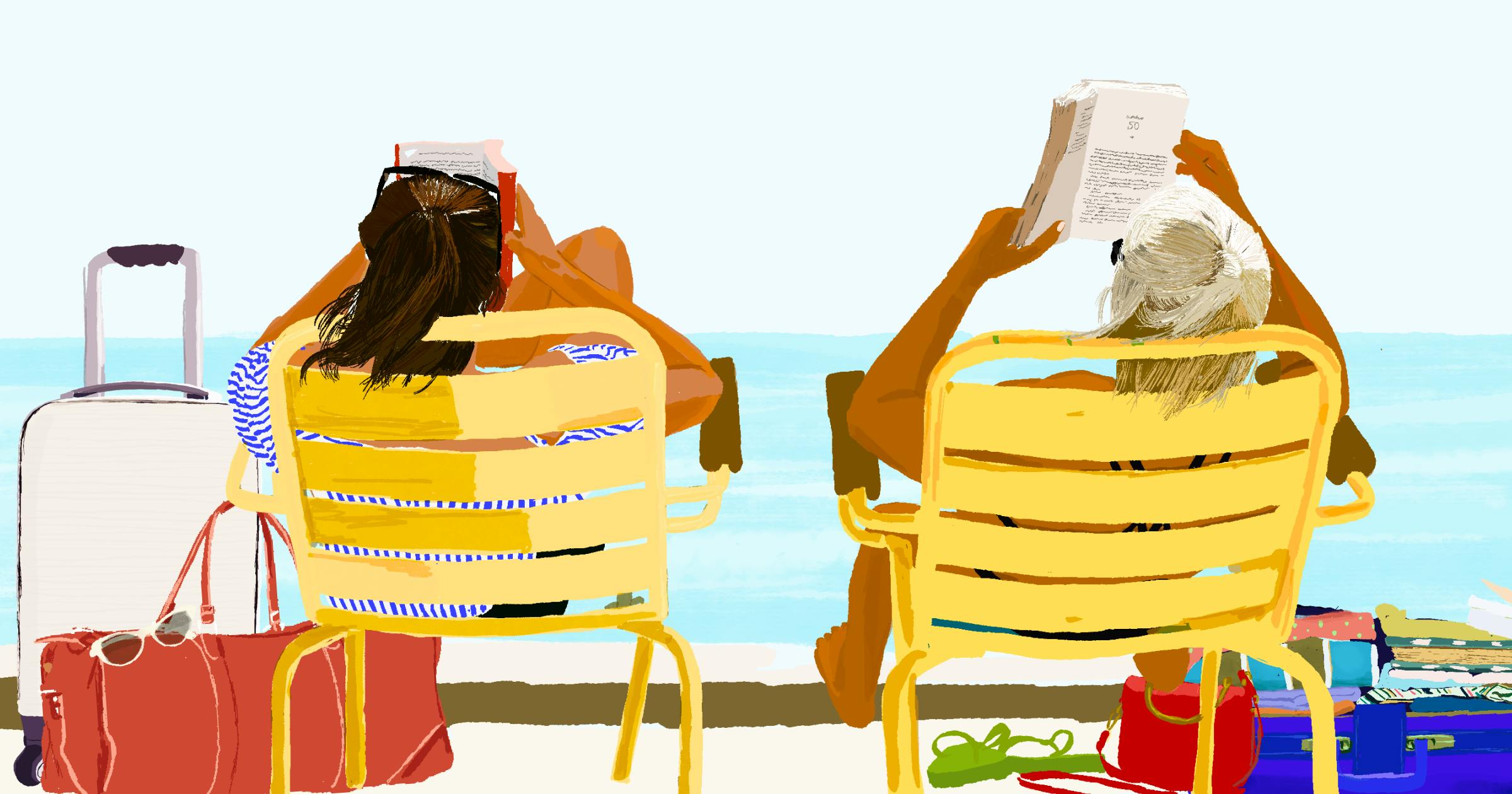 An illustration of 2 women sitting on yellow chairs with their luggage next to the water.