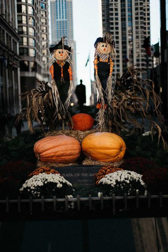 Halloween scarecrows and decorations in Chicago
