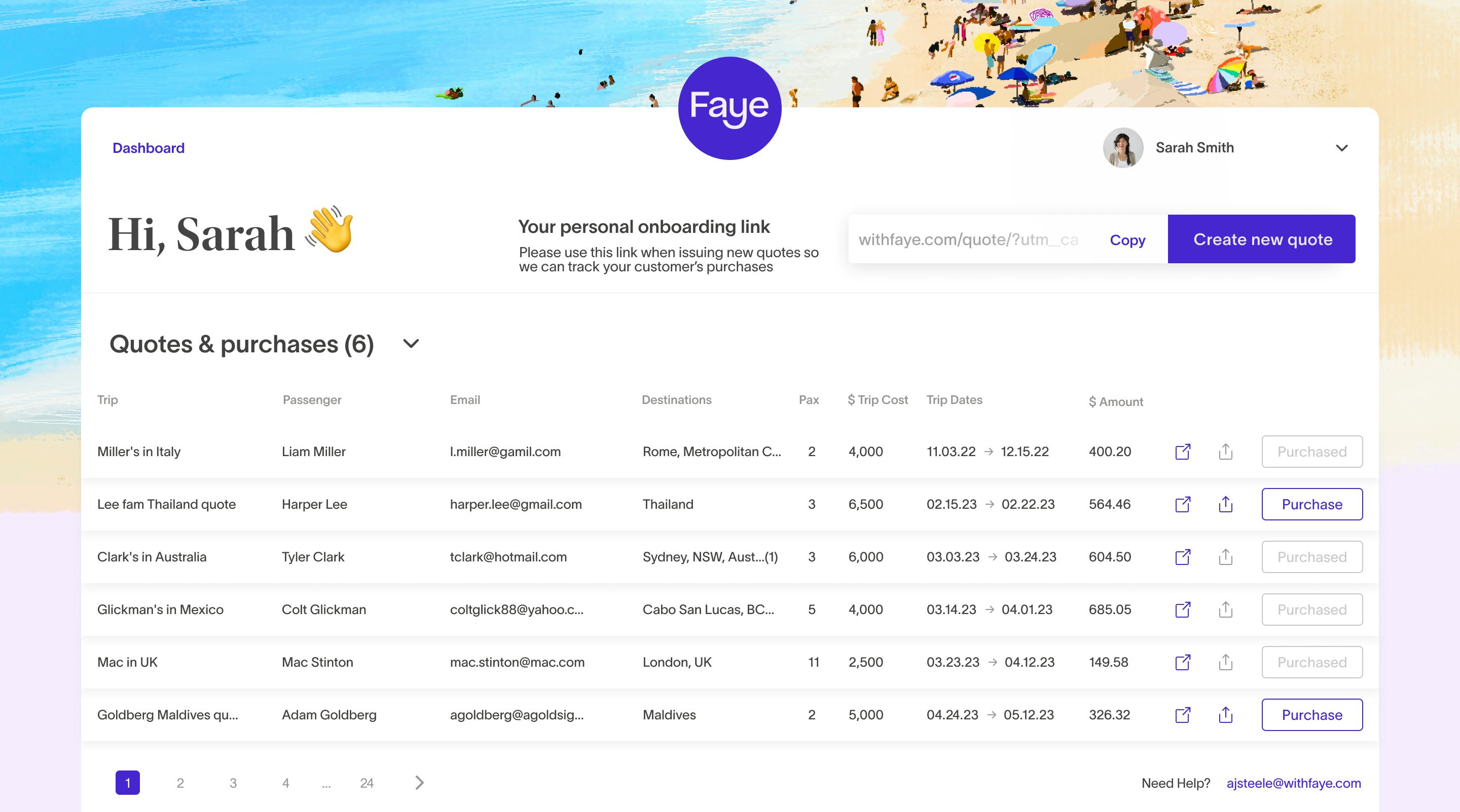 Screenshot of Faye's new travel advisor portal with quotes, purchases and a personal onboarding link