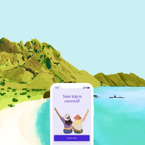 Illustration of Faye app screen on iPhone with beach and mountains in the background