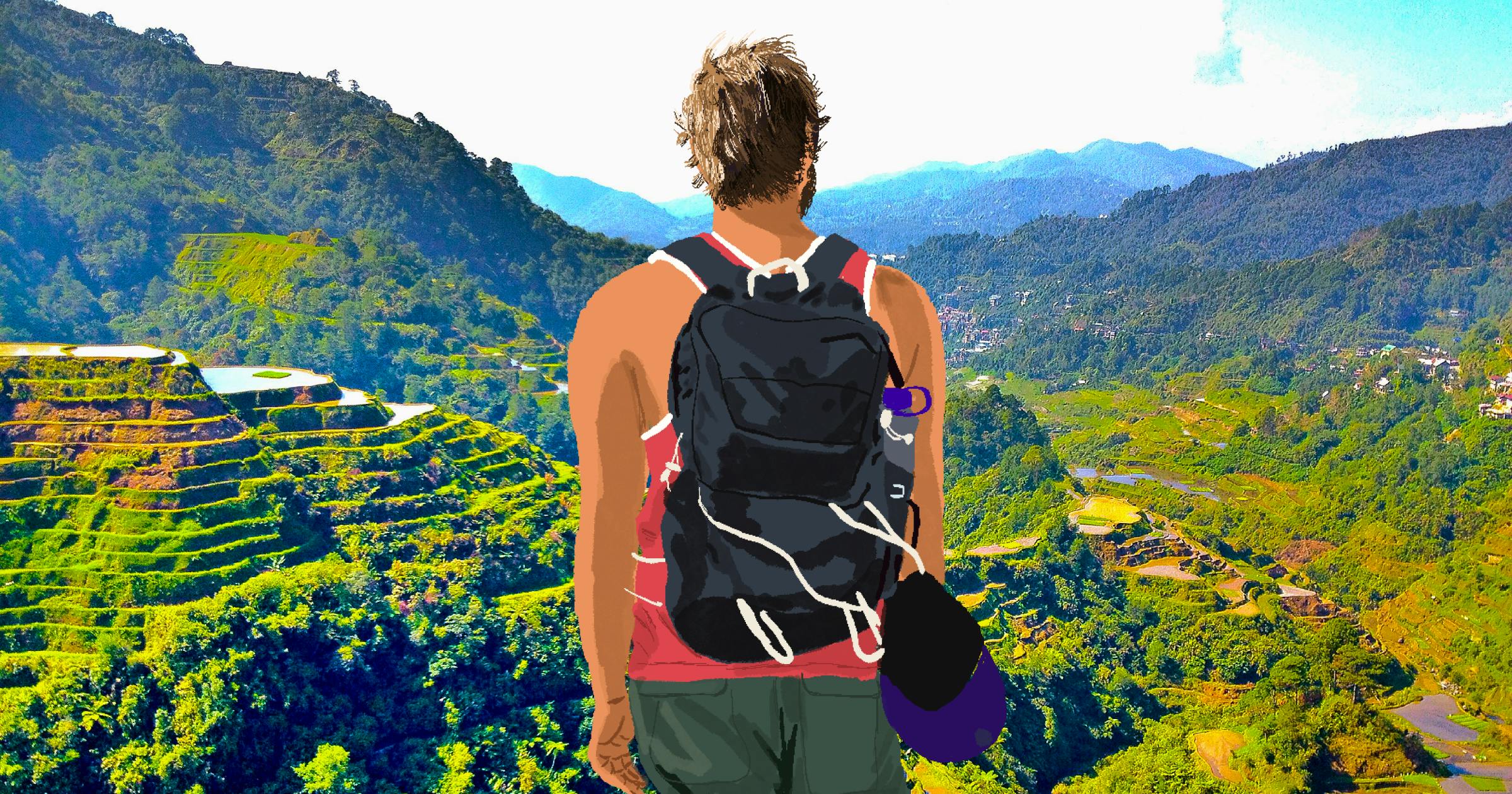 Illustration of a man overlooking the mountains with a backpack and hat