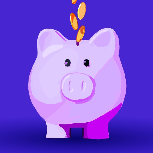 Illustration of a pink piggy bank with coins going inside to represent traveling on a budget