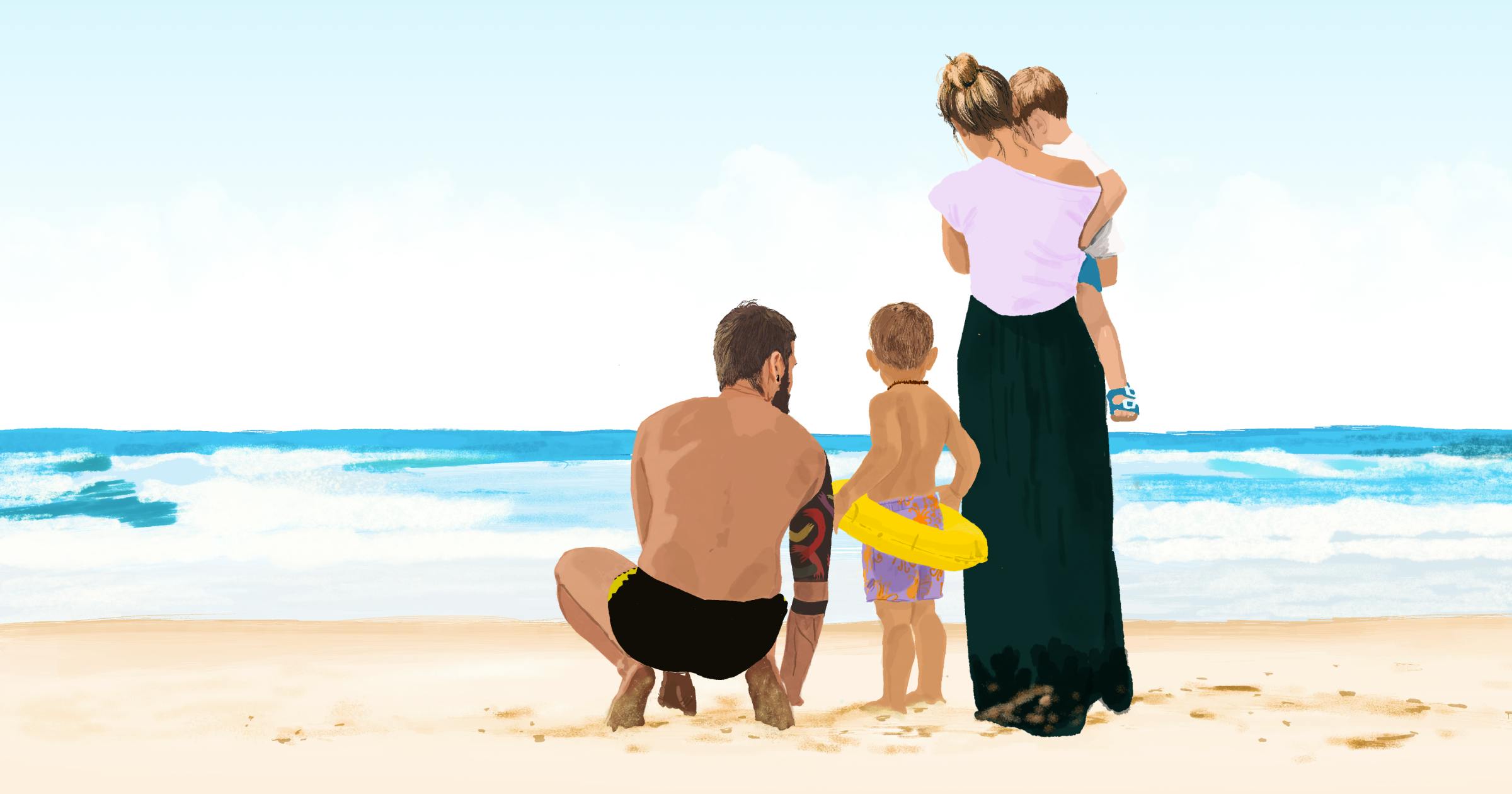 Illustration of a family with two small boys at the beach looking at the sea