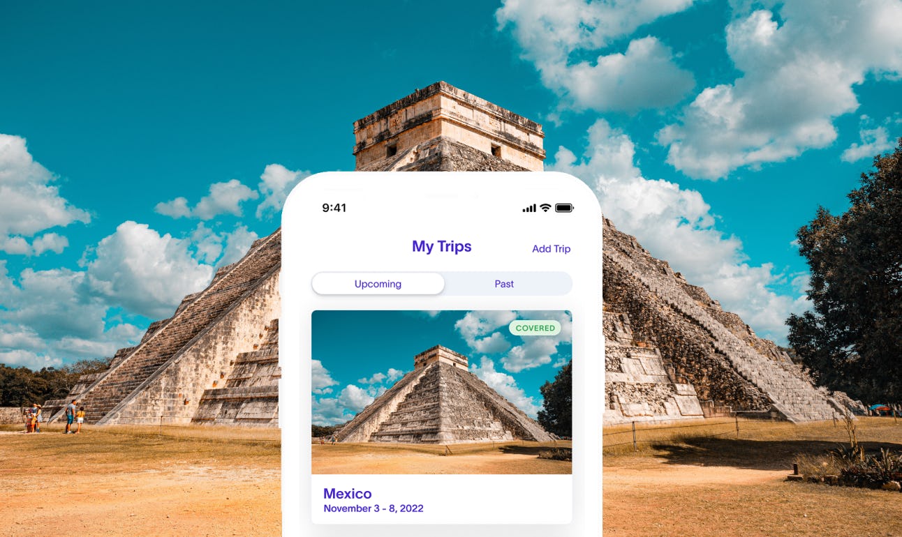 My Trips section of the Faye App featuring an upcoming trip to Mexico in November and an image of Chichen Itza Temple.