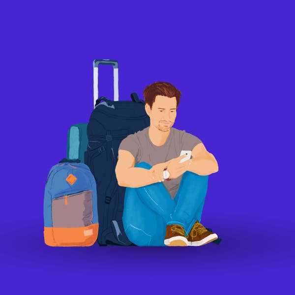 Illustration of a man seated looking at his phone while leaning against his luggage