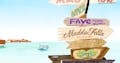 An illustration of a sign with different locations and distances like Miami, Paris, Maui and a beach with overwater bungalows and a boat in the background