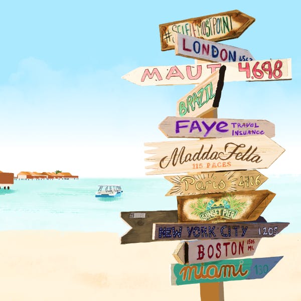 An illustration of a sign with different locations and distances like Miami, Paris, Maui and a beach with overwater bungalows and a boat in the background