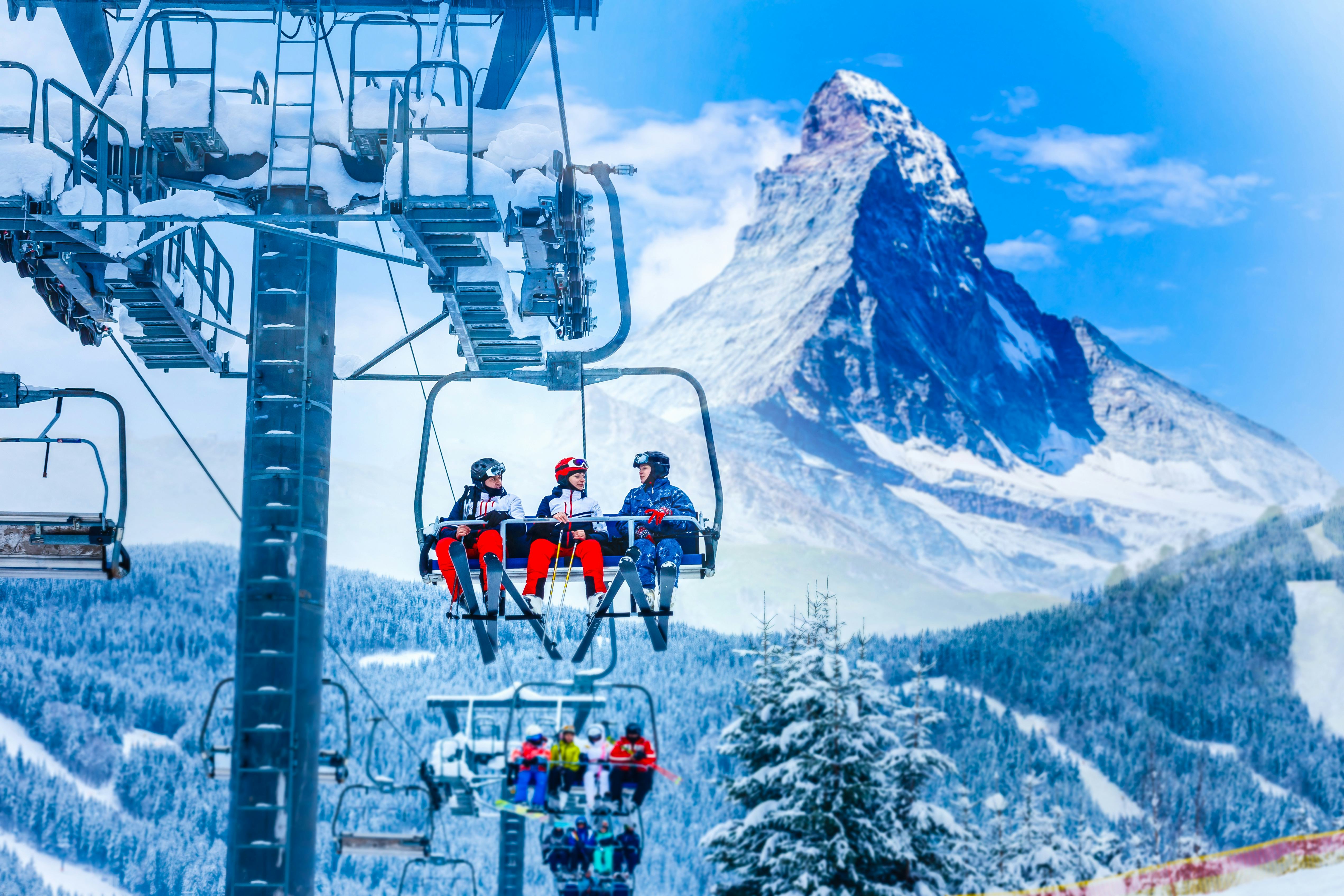 Gornergrat, Zermatt, Matterhorn ski resort in Switzerland with cable chairlift
