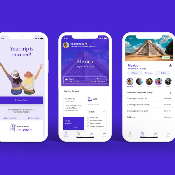 Three Faye app screens on a purple background