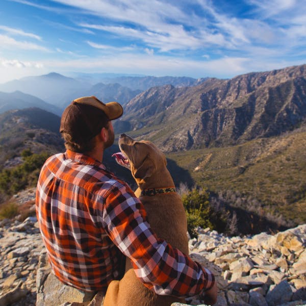 Man in a hat and plaid shirt sitting with his dog overlooking the mountains