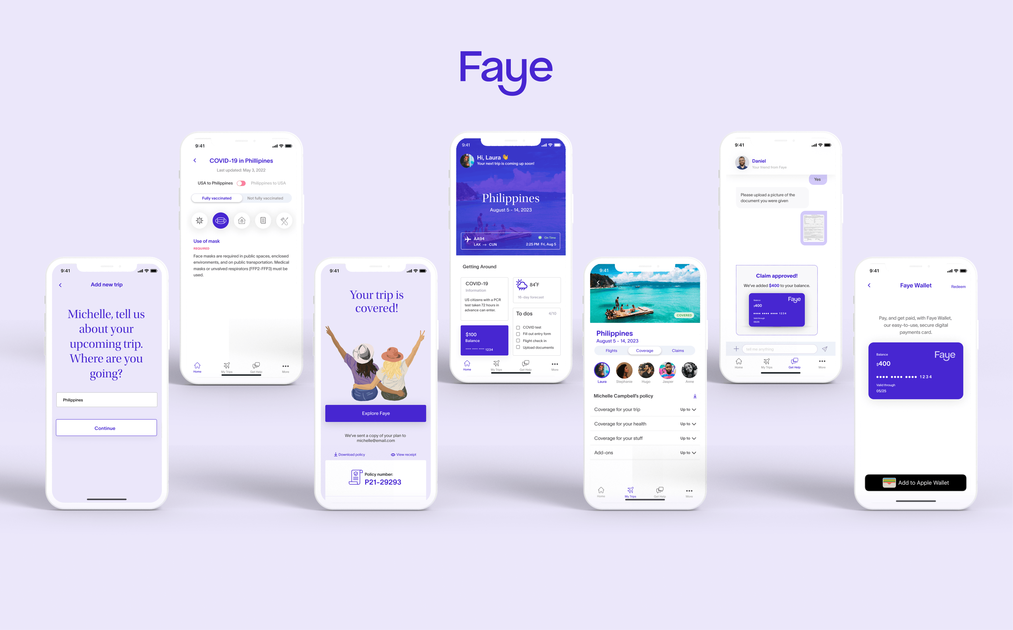 7 Faye app screens featuring a trip to the Philippines