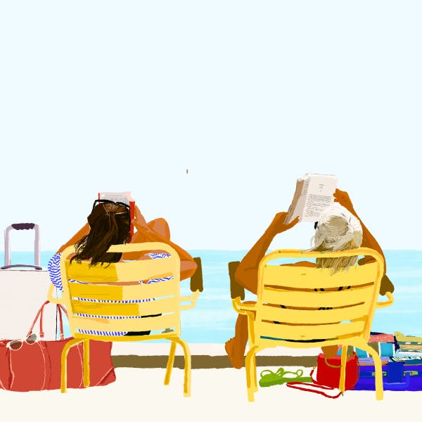 An illustration of 2 women sitting on yellow chairs with their luggage next to the water. 