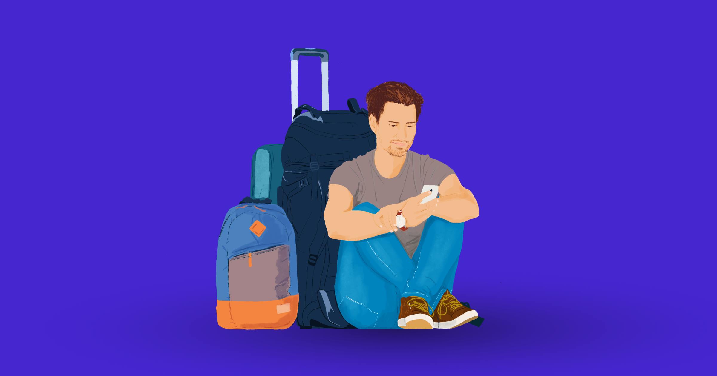 Illustration of a man seated looking at his phone while leaning against his luggage