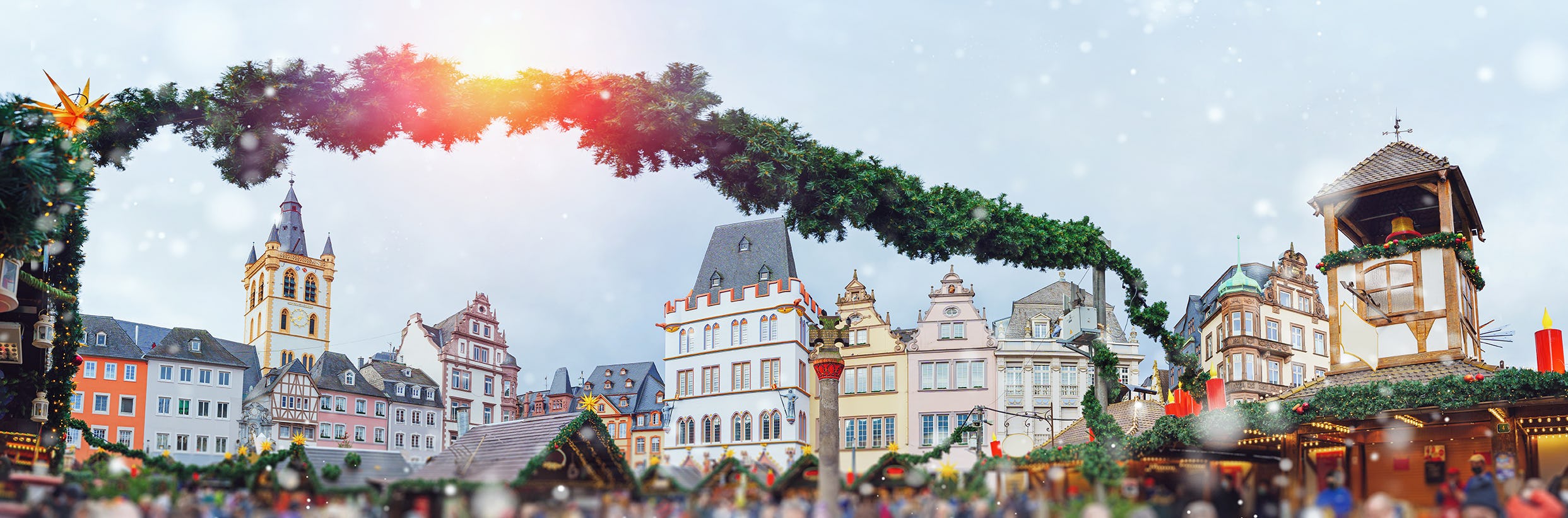 Panorama of Trier christmas market in the snow - European Christmas market