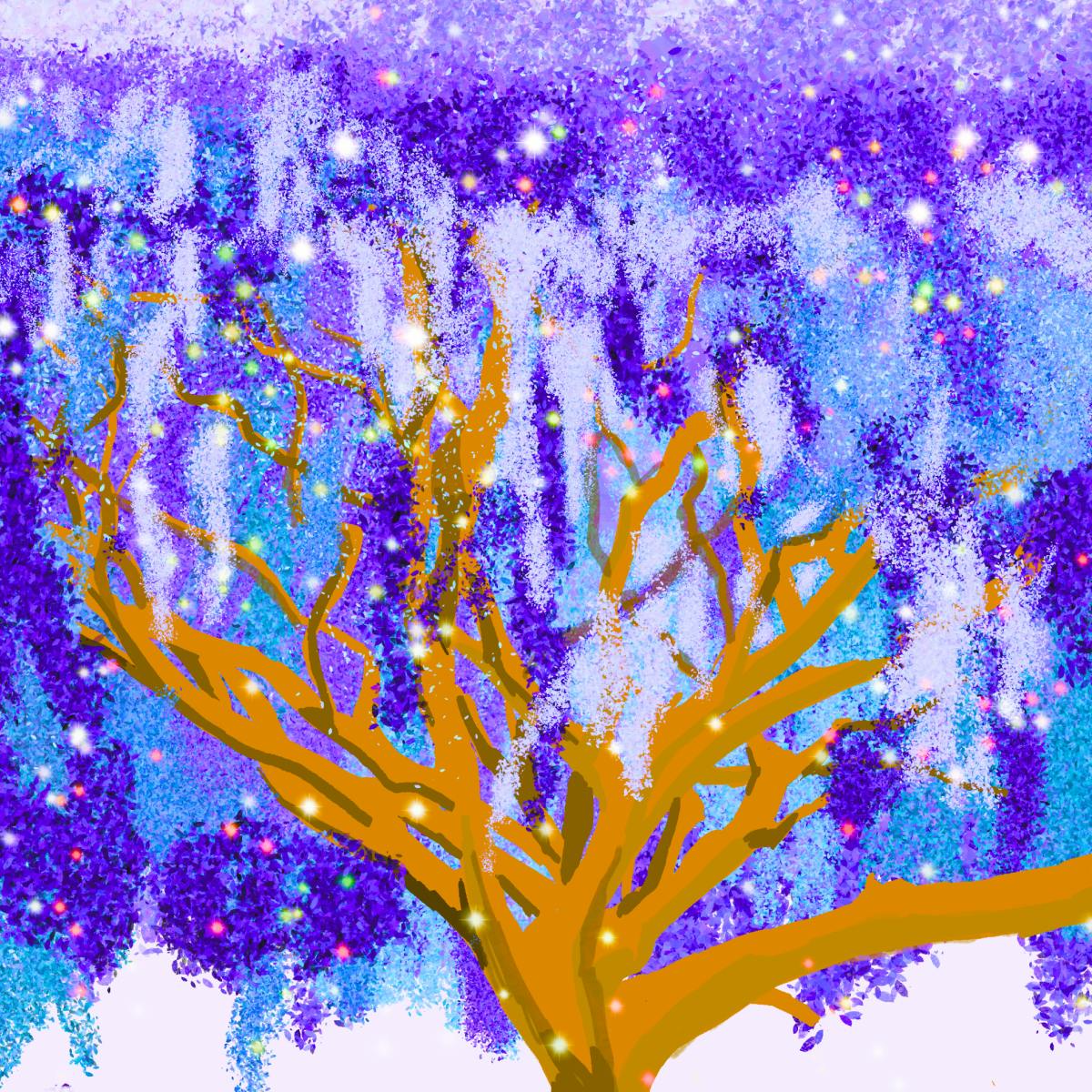 Illustration of a magical sparkling purple tree