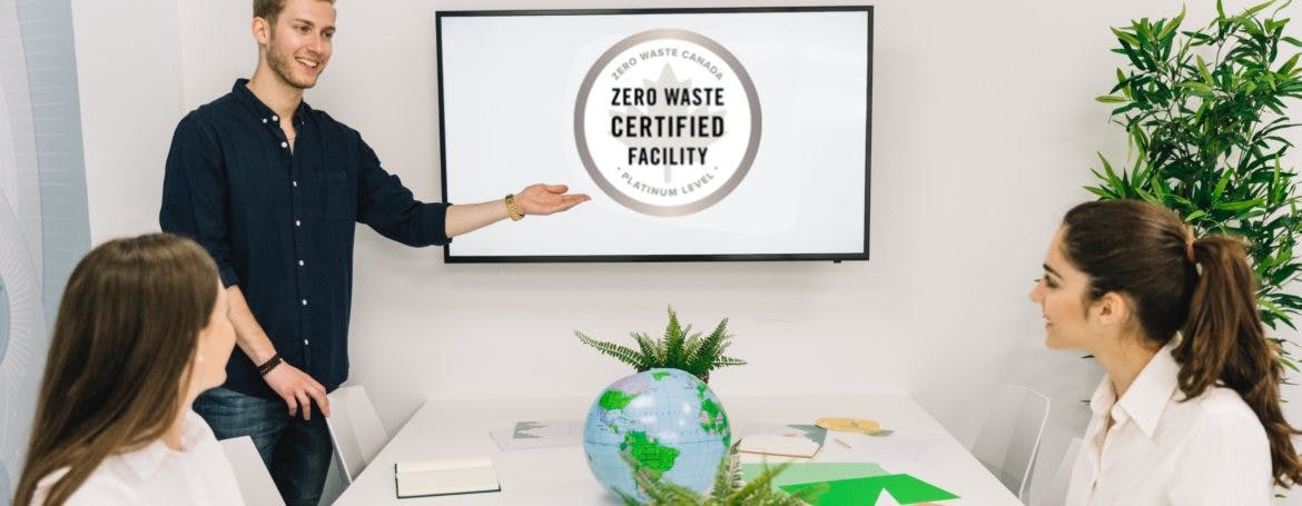 Man pointing at screen saying zero waste certified facility
