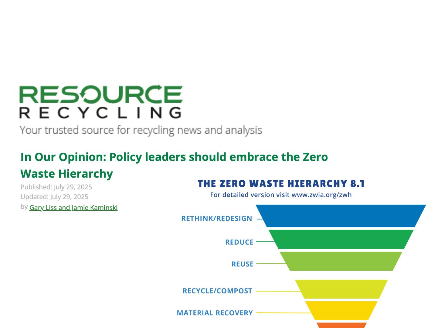 ZWC co-authored an op-ed published in Resource Recycling Magazine