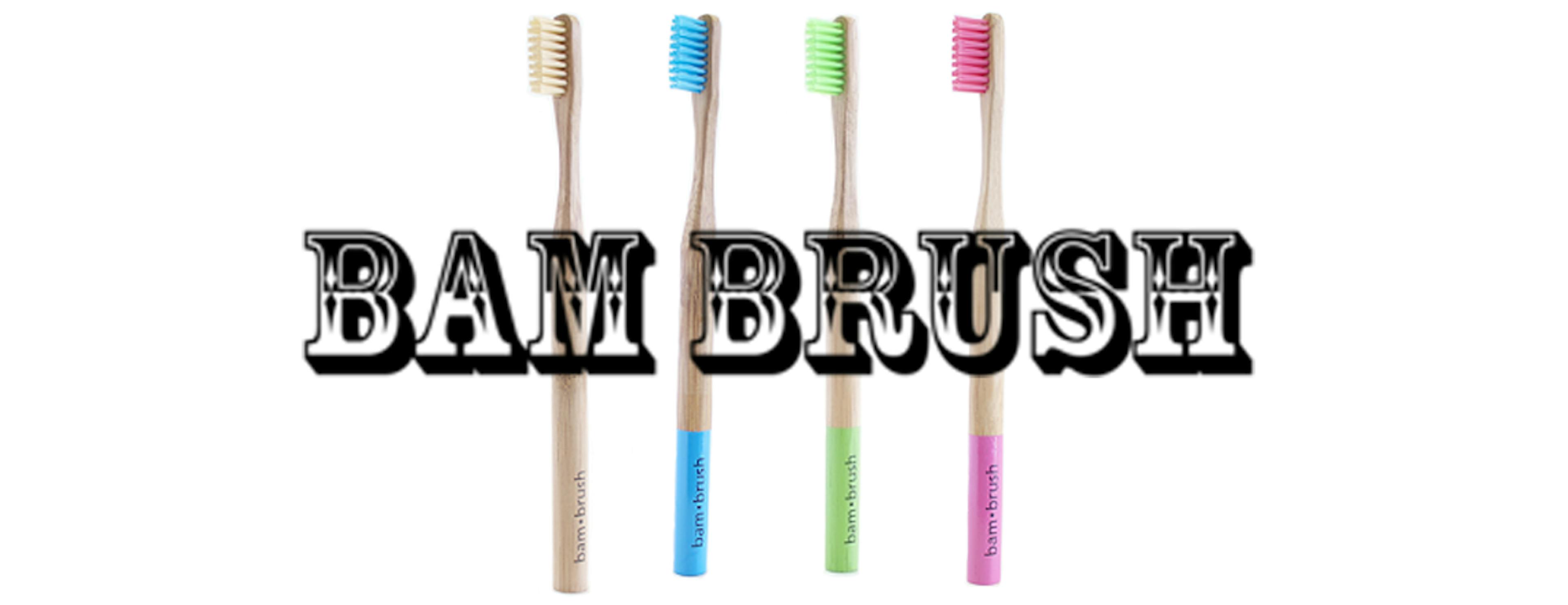Four brightly colored bamboo toothbrushes and the text BAM BRUSH