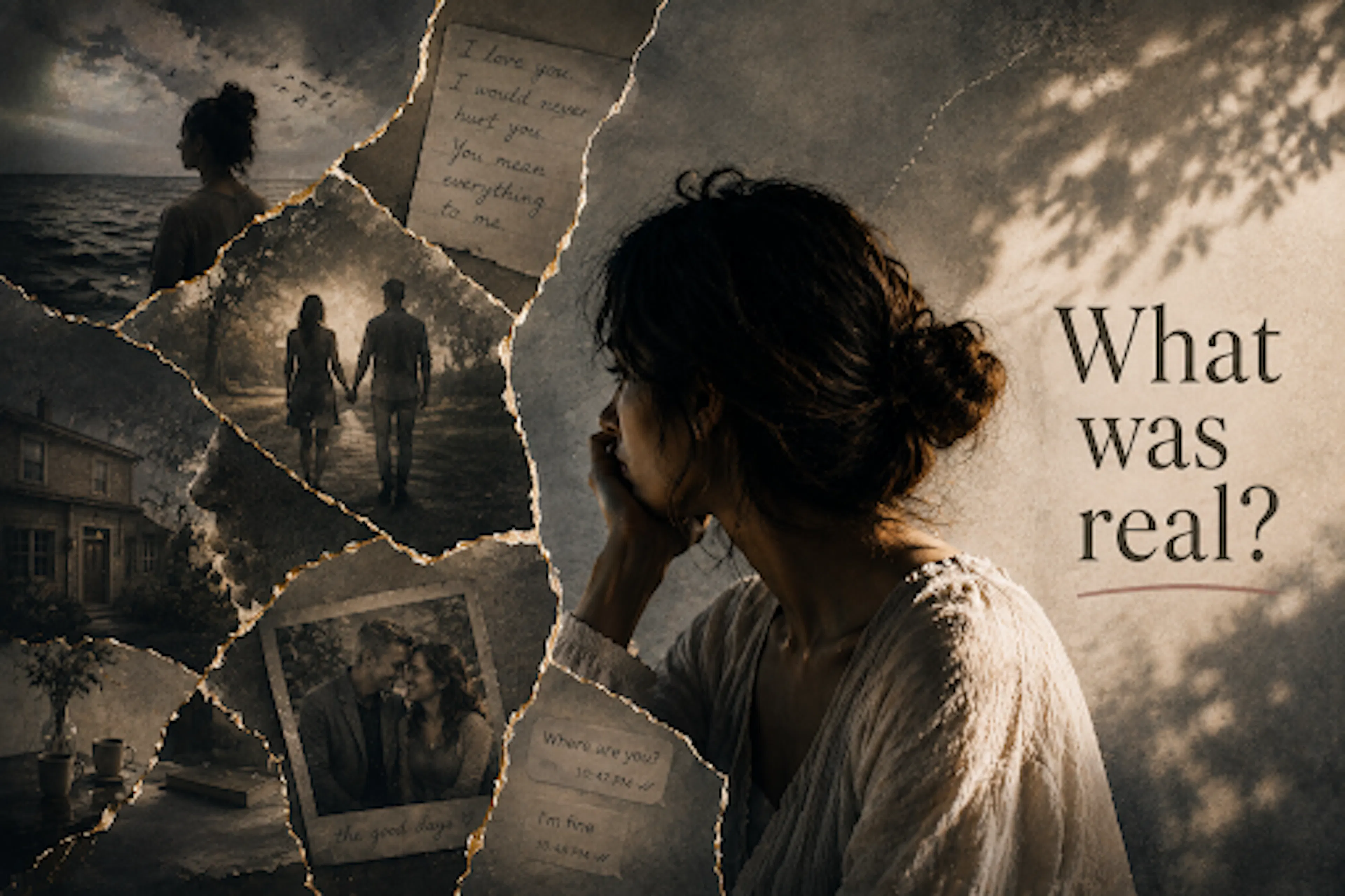 Image of woman looking away: and having fragments of a relationship in images. with the words: "What was real"