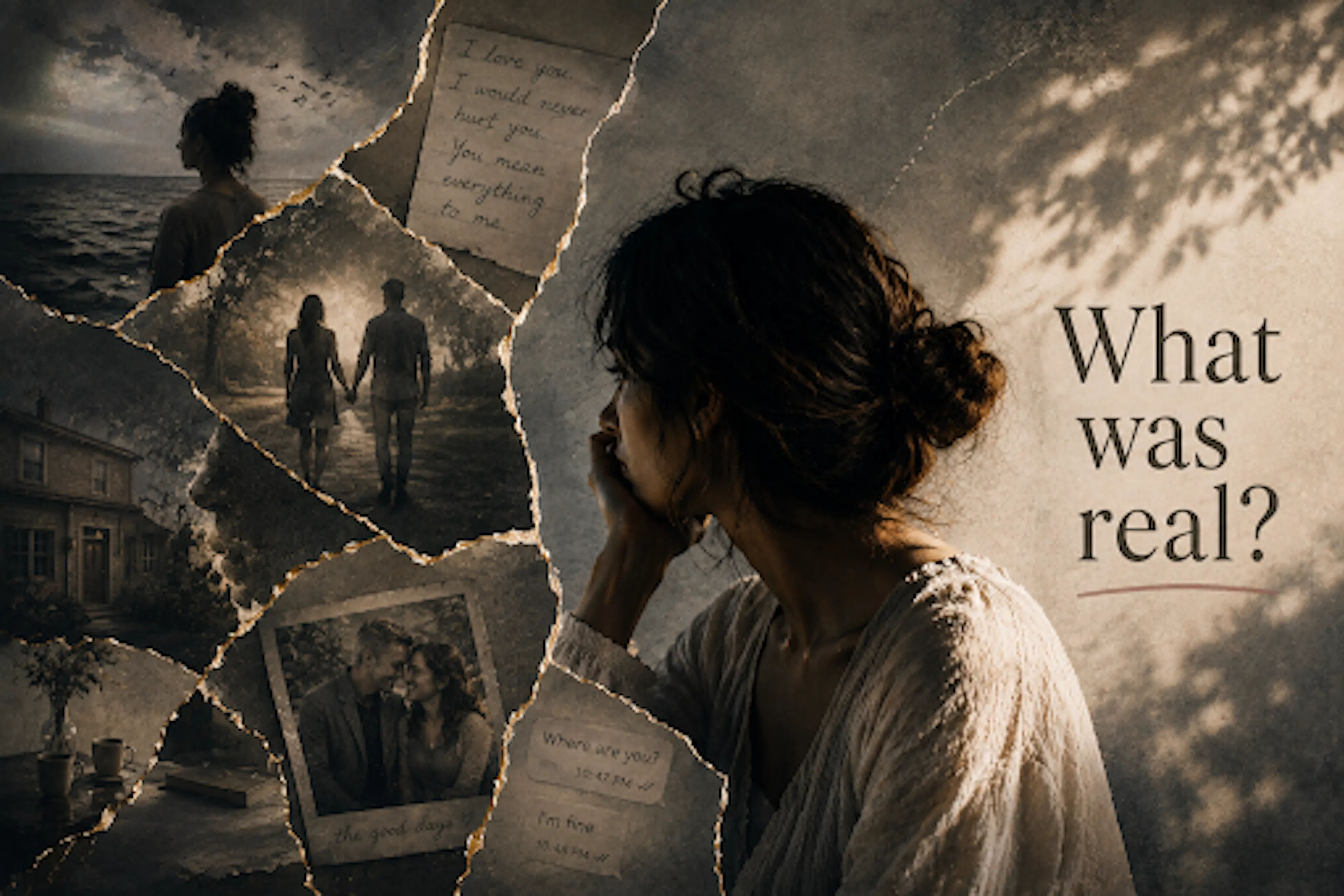 Image of woman looking away: and having fragments of a relationship in images. with the words: "What was real"