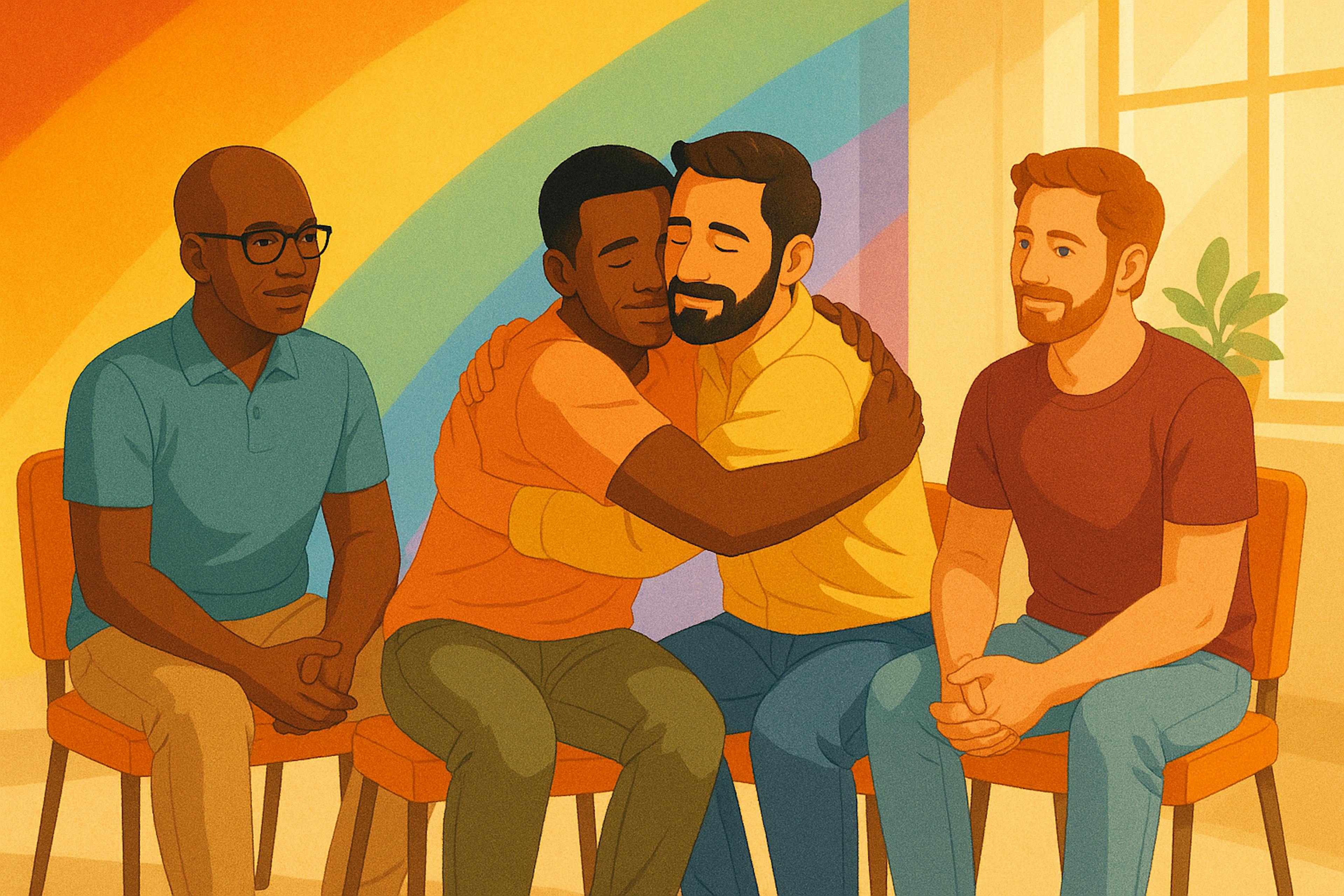 gay mens' group therapy pic. 4 men in circle, 2 men embracing, pride flag in back.
