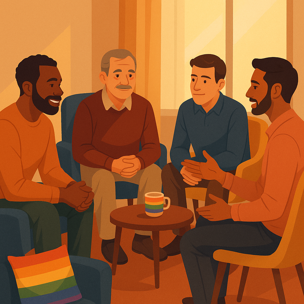 Four diverse gay men sit in a supportive circle in a bright, welcoming therapy room with subtle rainbow artwork, engaged in open conversation.