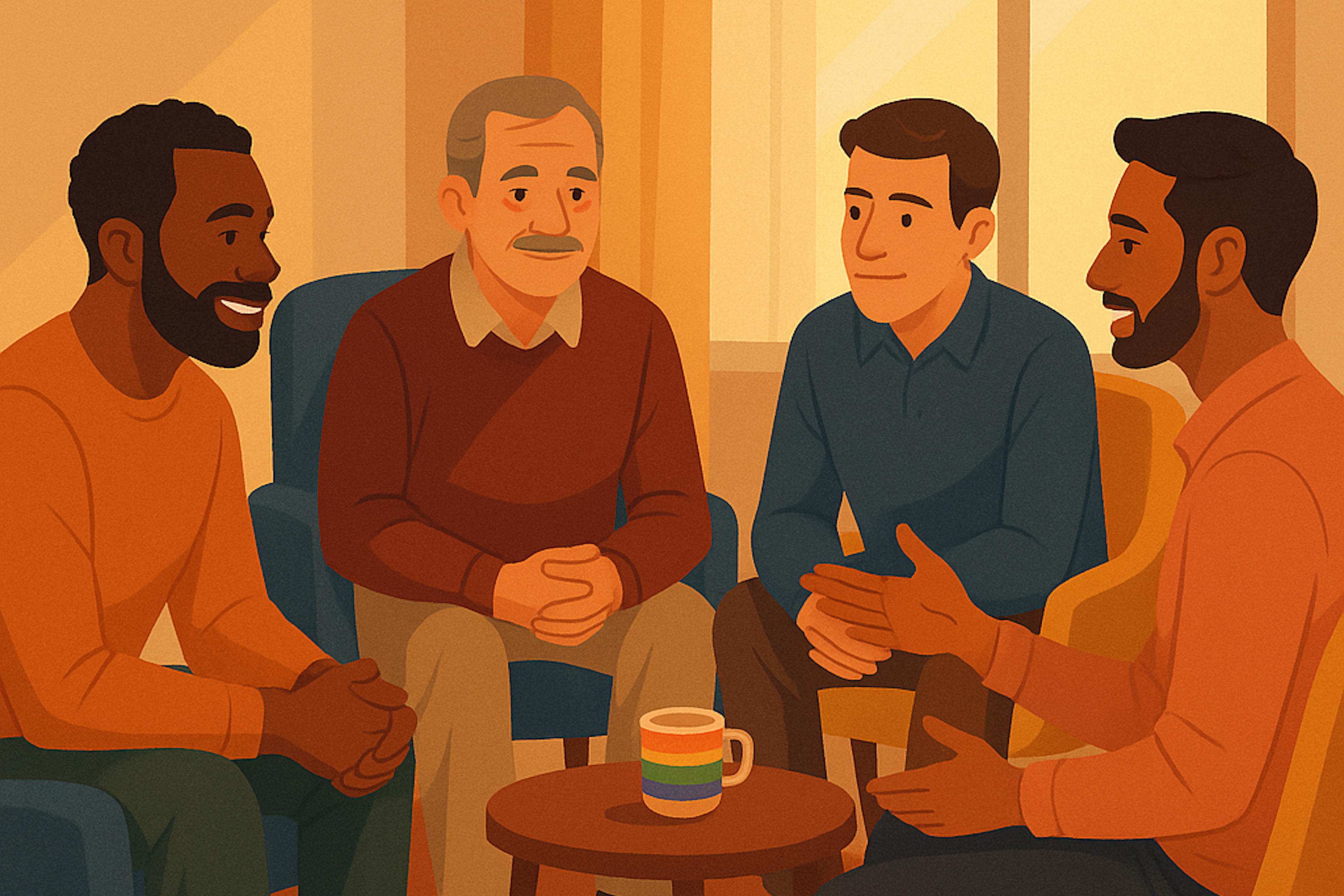 Four diverse gay men sit in a supportive circle in a bright, welcoming therapy room with subtle rainbow artwork, engaged in open conversation.