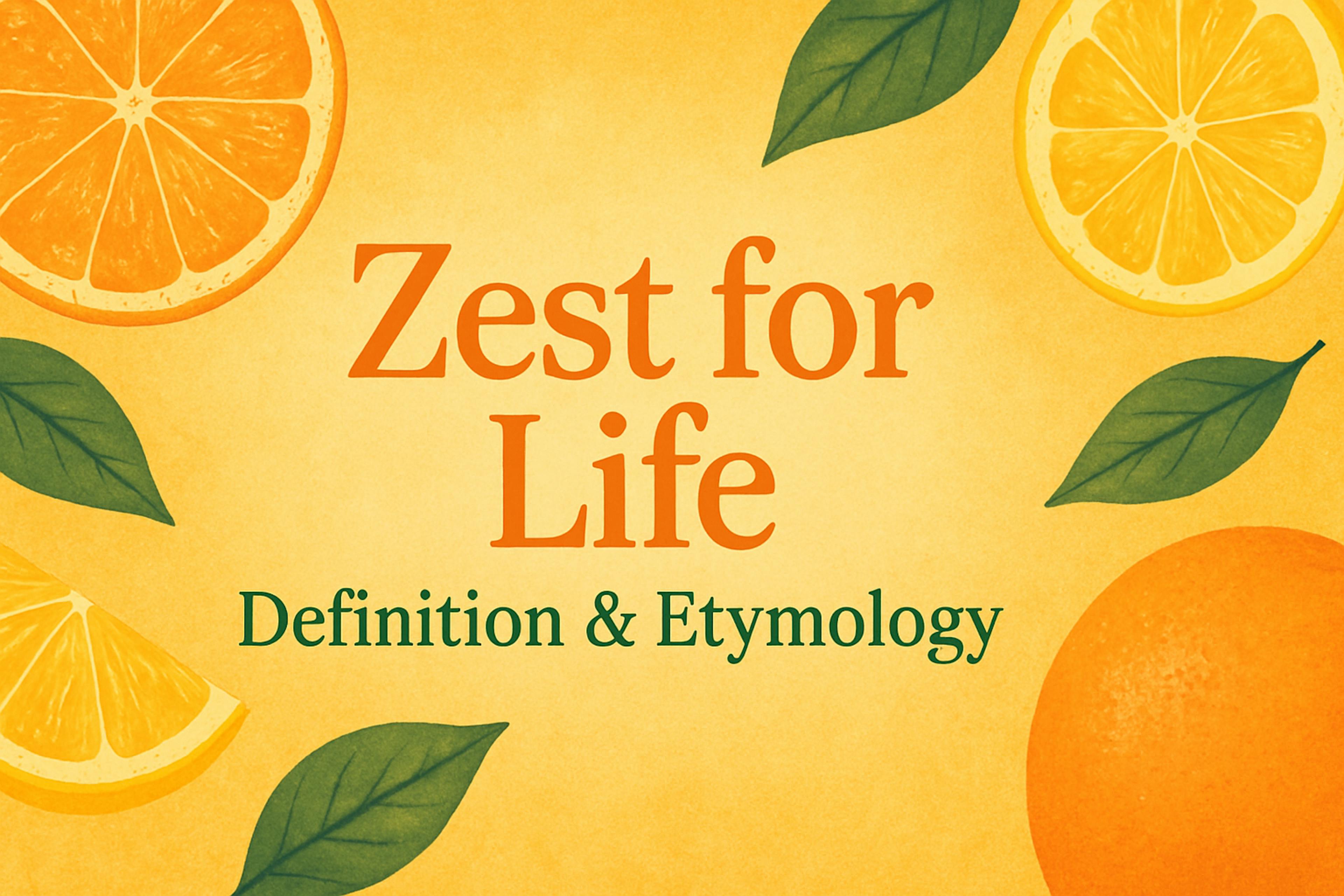 zest for life definintion and etymology with images of orange slices and lemon slices and leafs