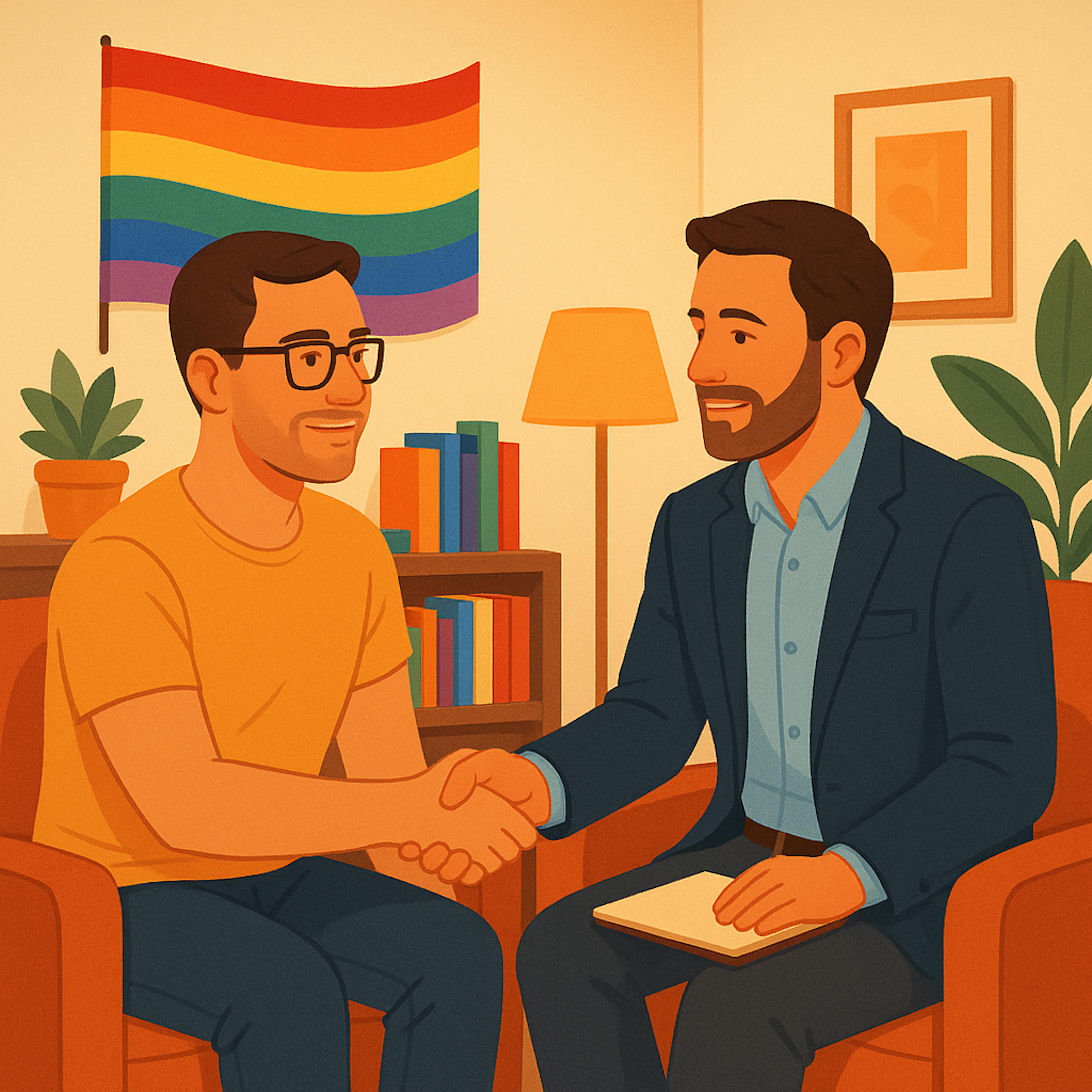 men shaking hands. one with glasses. pride flag in background

