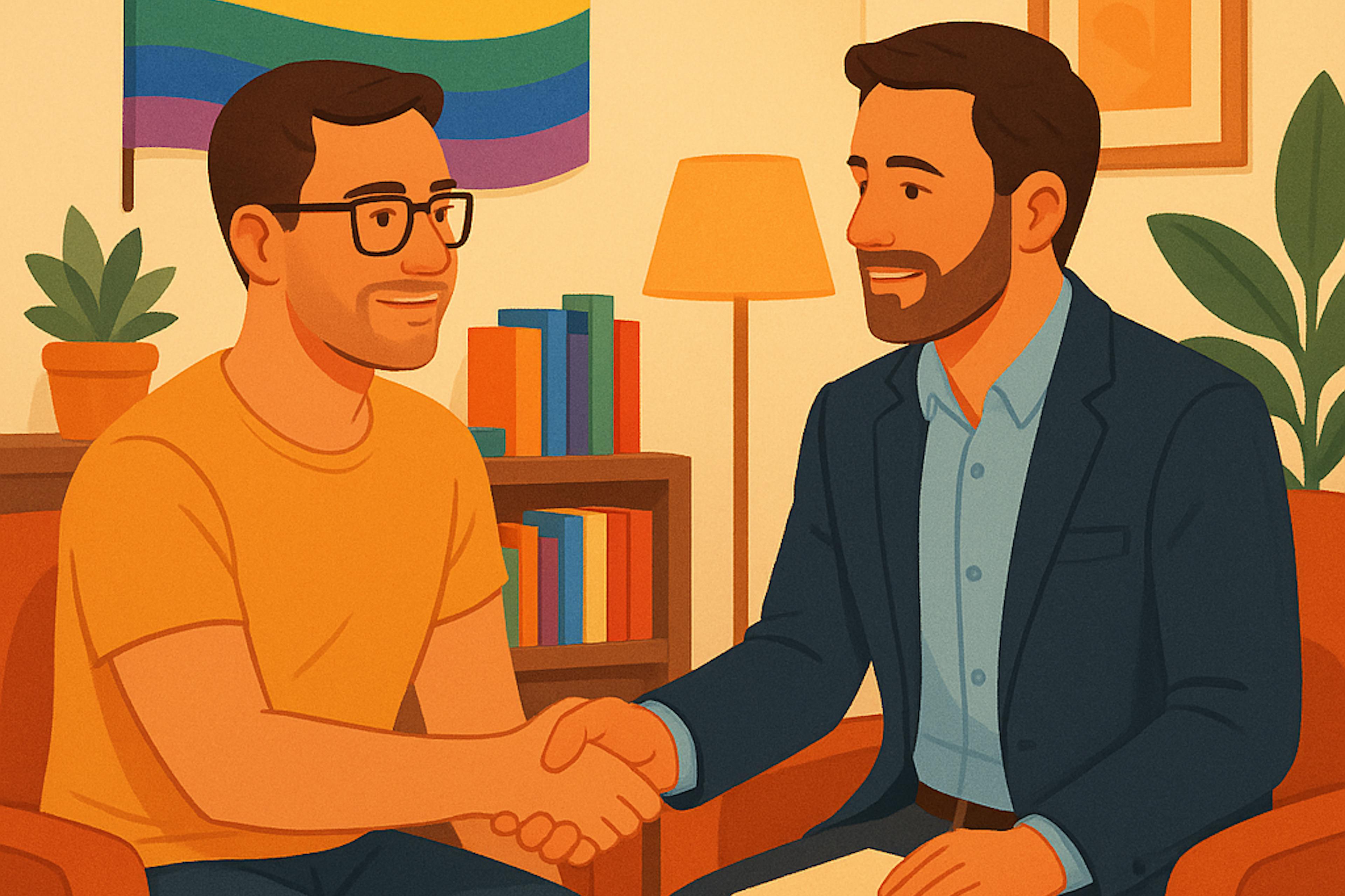 men shaking hands. one with glasses. pride flag in background