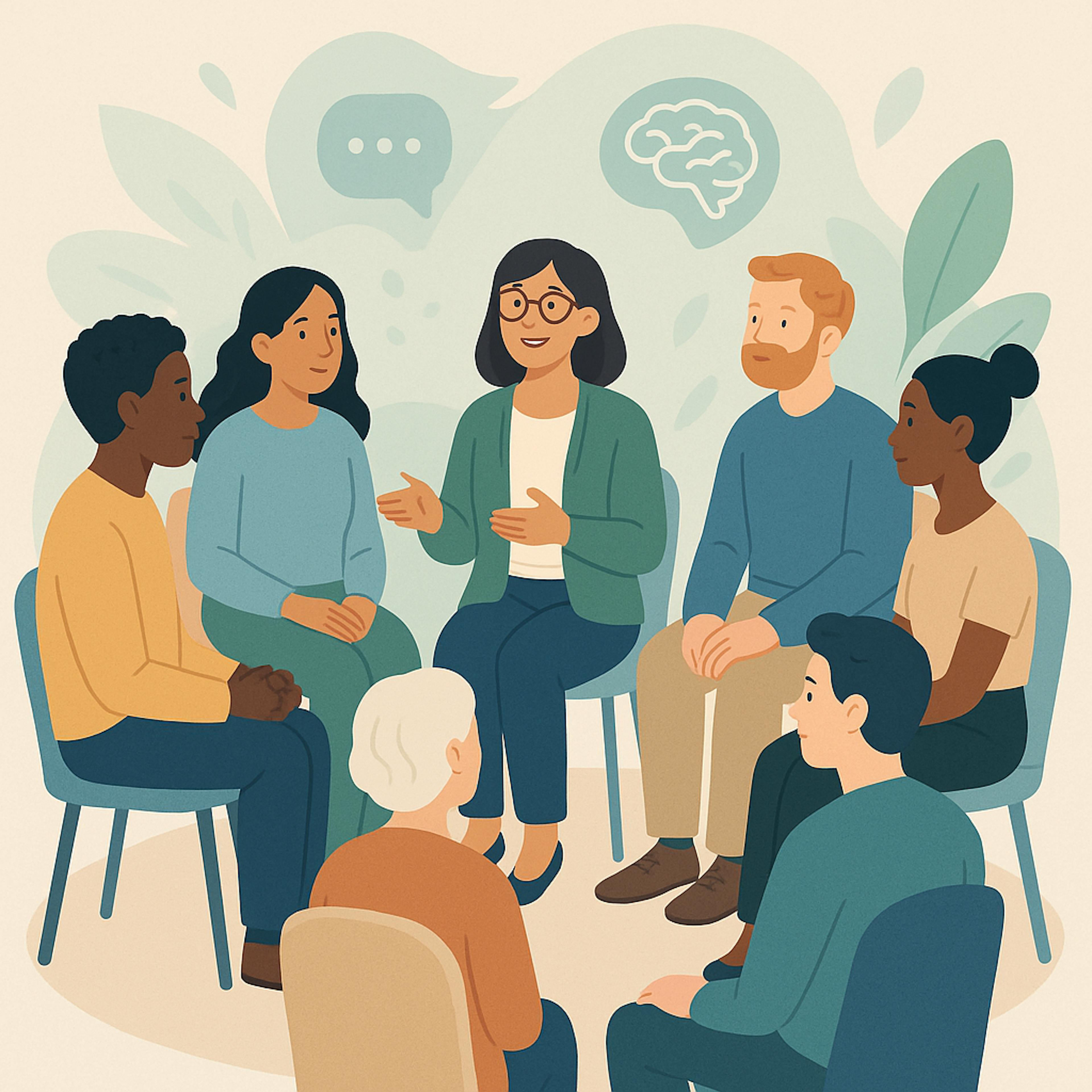 Therapist leading diverse group therapy. thought bubbler brain bubble above