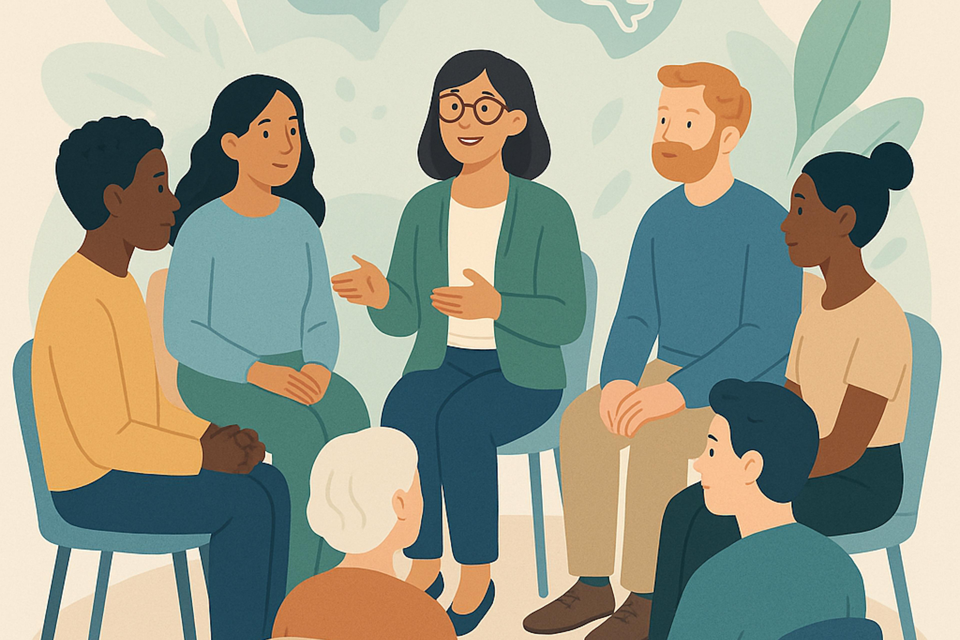 Therapist leading diverse group therapy. thought bubbler brain bubble above