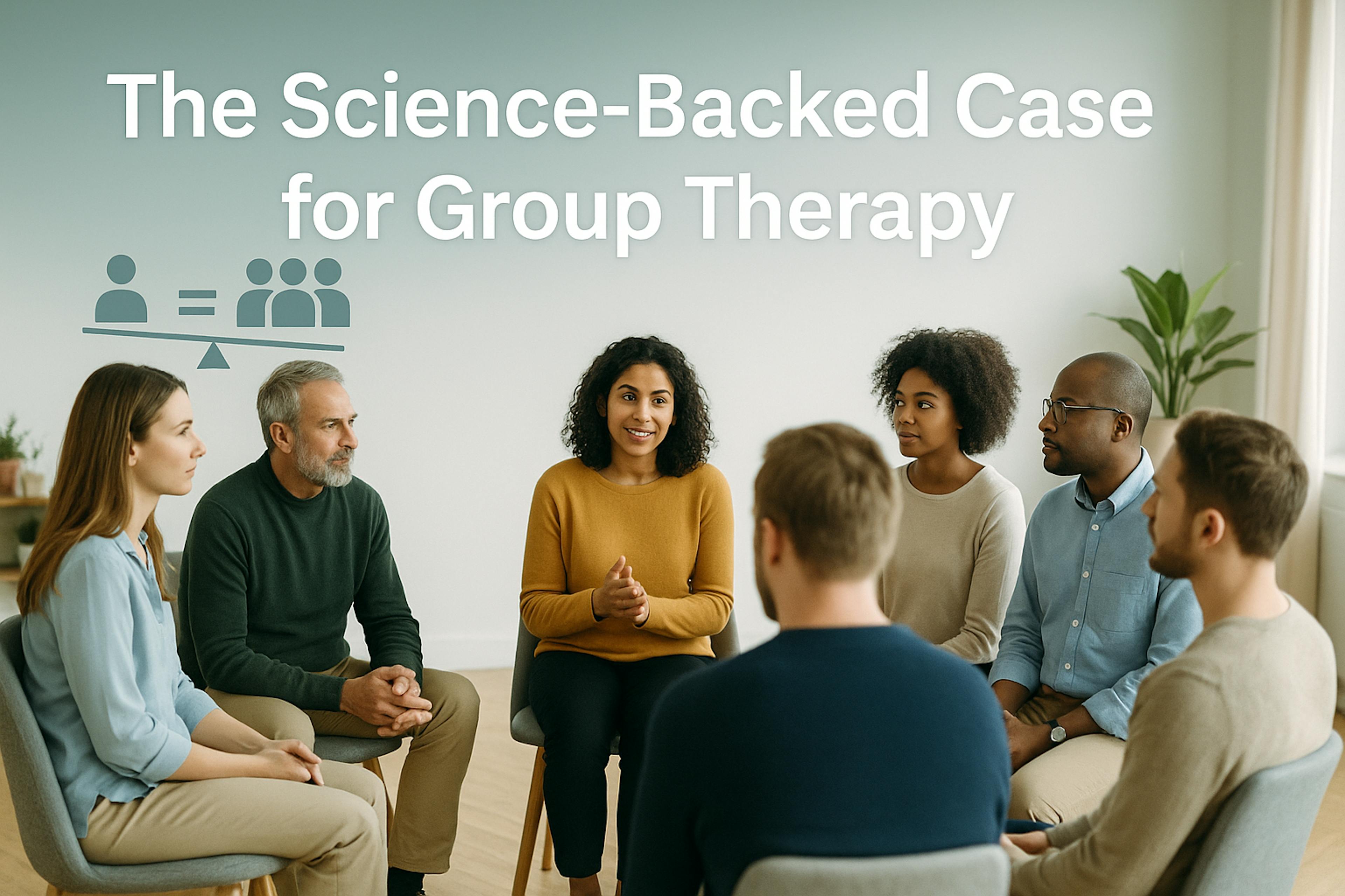 ppl in therapy circle with words the science-backed case for group therapy