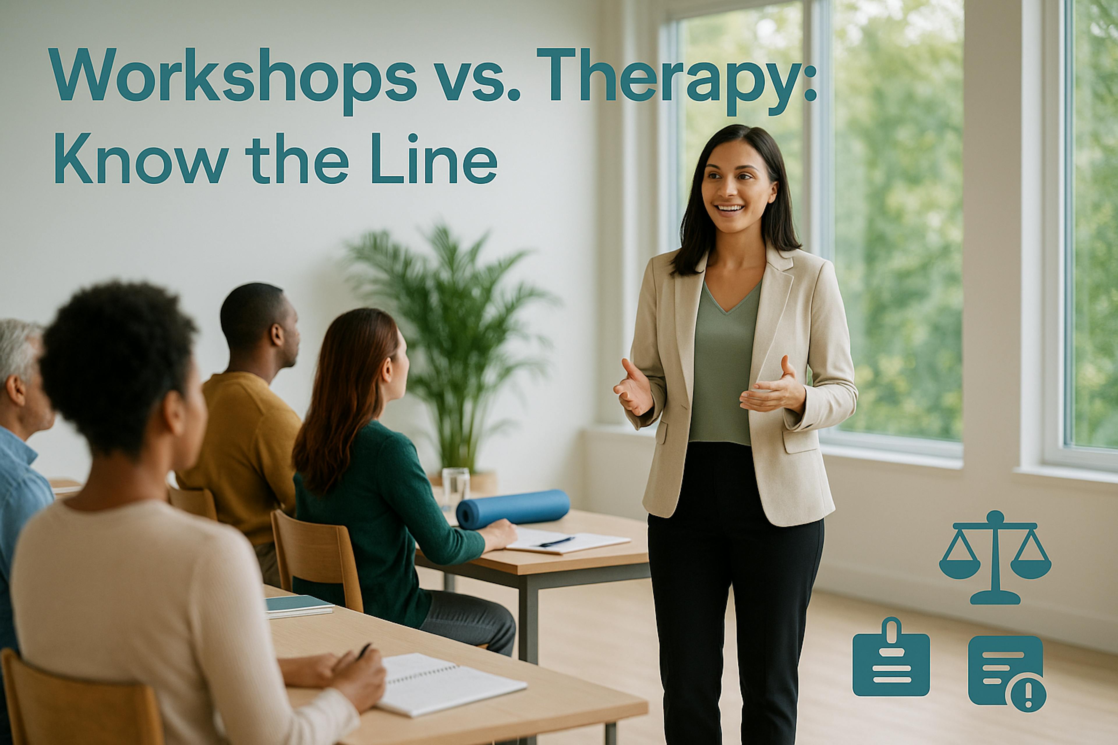 A licensed therapist in business-casual attire leads a small, diverse workshop in a bright room with large windows and greenery outside. Overlaid teal text reads ‘Workshops vs. Therapy: Know the Line,’ with icons of a legal scale, name badge, and disclaimer symbol in the corner—signaling legal and ethical boundaries for non-clinical events.