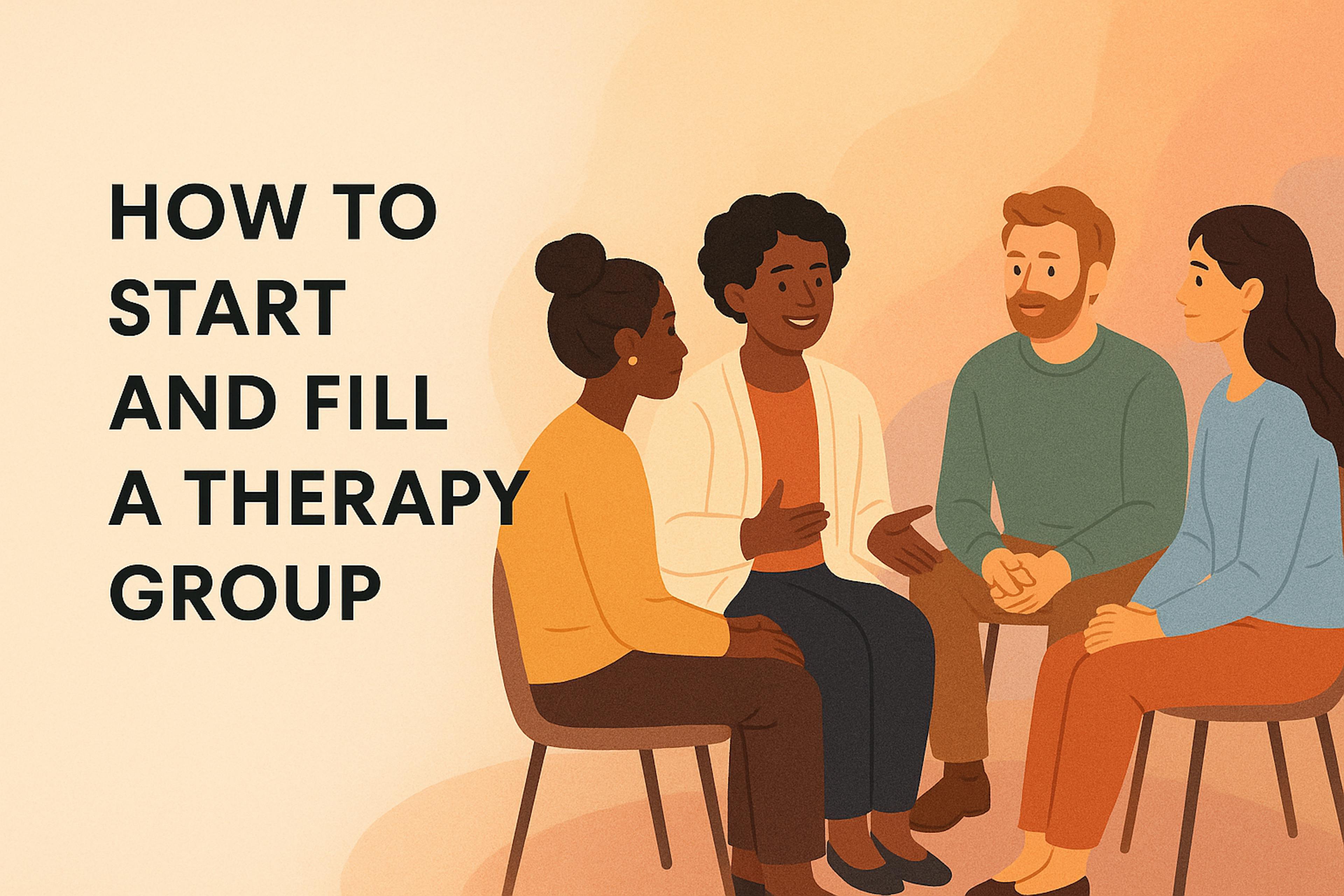 Flat-style illustration of a diverse therapy group in discussion; bold left-aligned title reads ‘How to Start and Fill a Therapy Group.