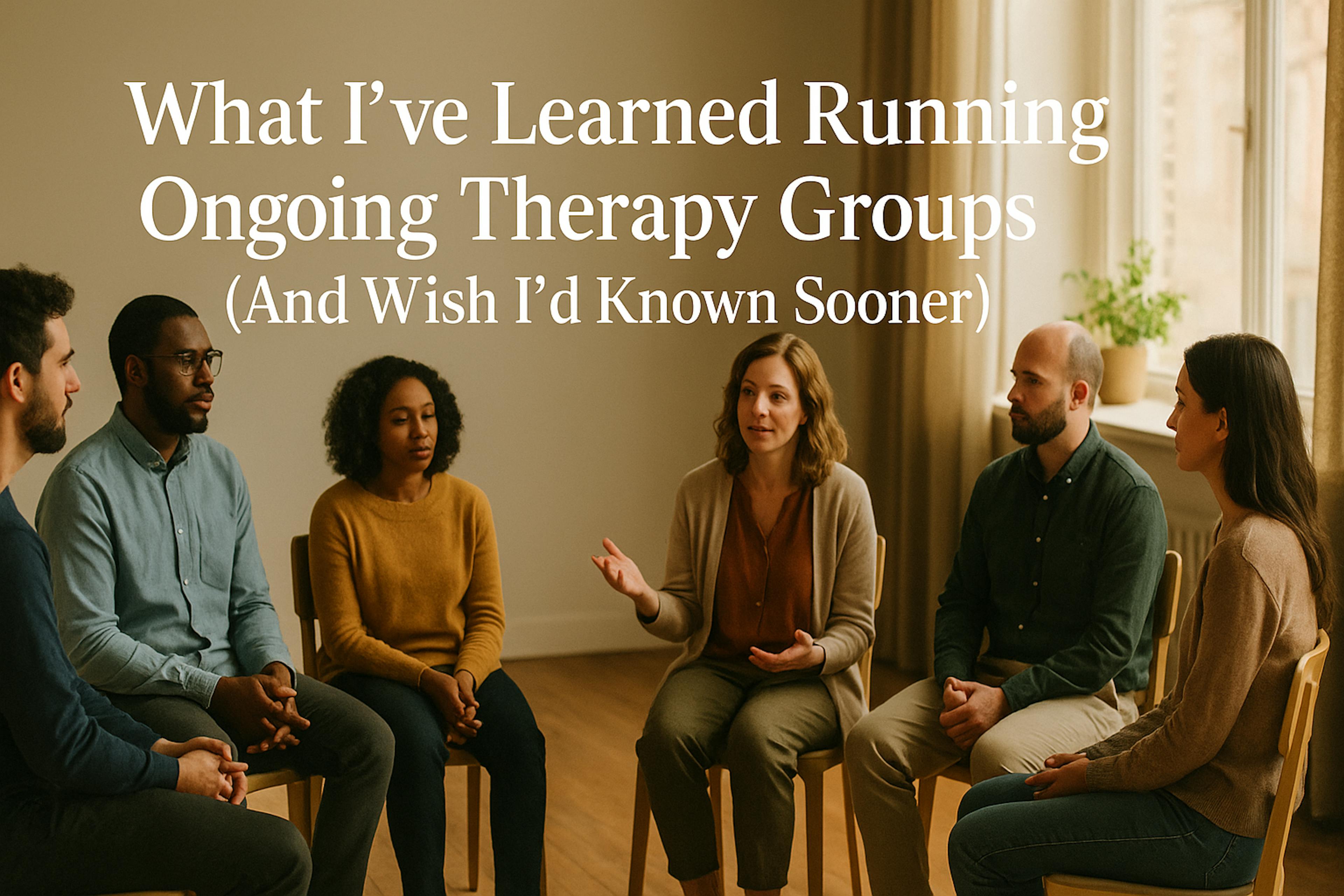 Facilitator leading a diverse circle of six adults in a sun-lit therapy room, with the article title ‘What I’ve Learned Running Ongoing Therapy Groups (And Wish I’d Known Sooner)’ overlaid at the top