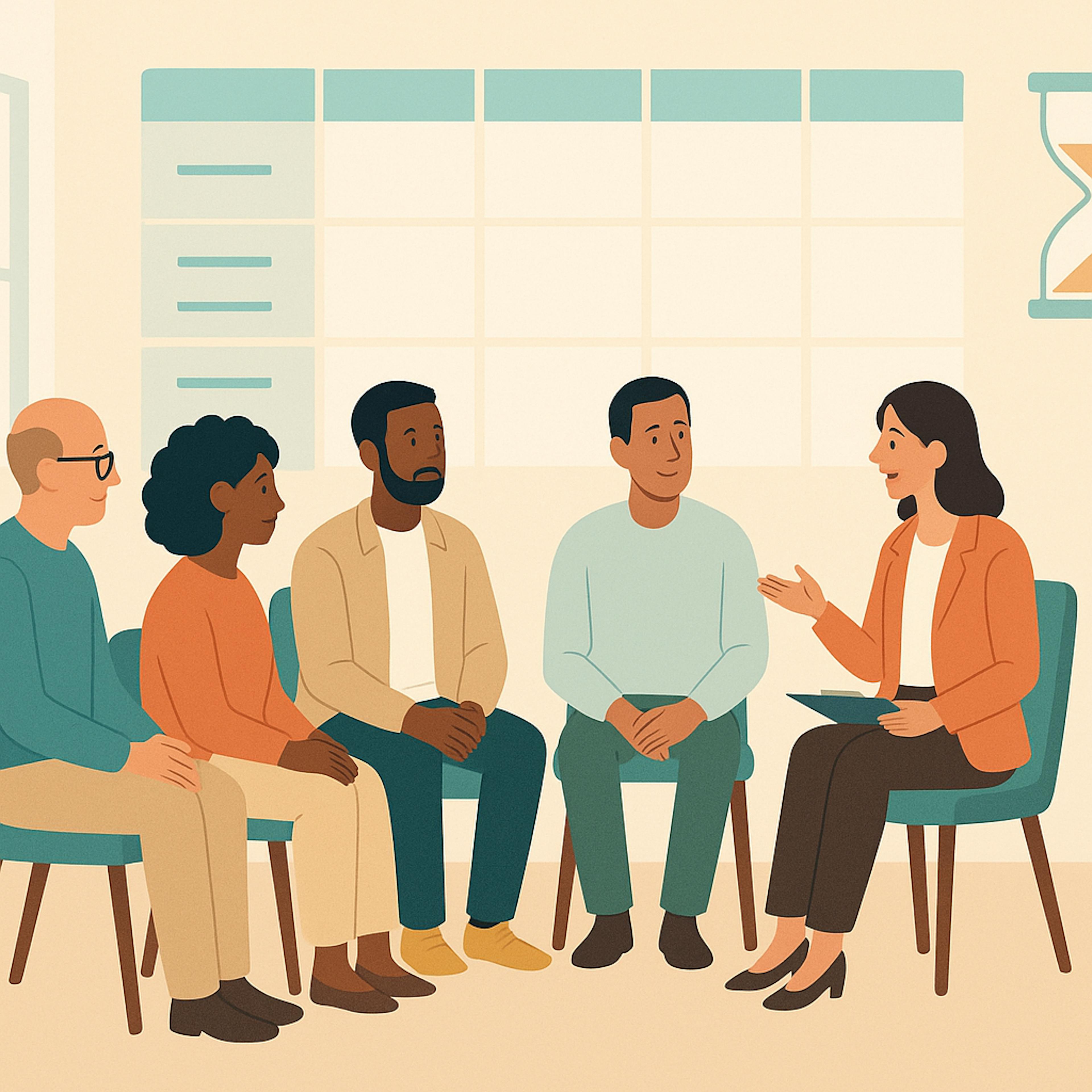 Diverse adults and a therapist sit in a bright, modern room, arranged in a circle; faint calendar blocks and an hourglass icon subtly overlay the scene, symbolizing structured, time-limited sessions.