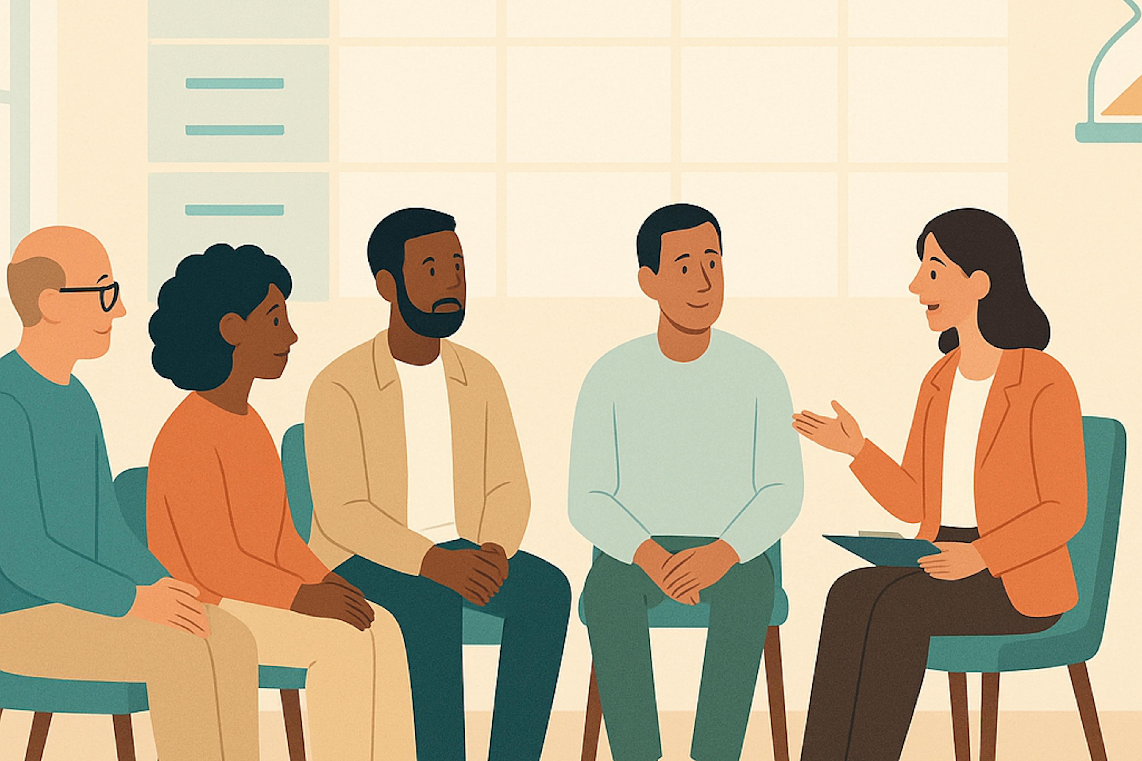 Diverse adults and a therapist sit in a bright, modern room, arranged in a circle; faint calendar blocks and an hourglass icon subtly overlay the scene, symbolizing structured, time-limited sessions.