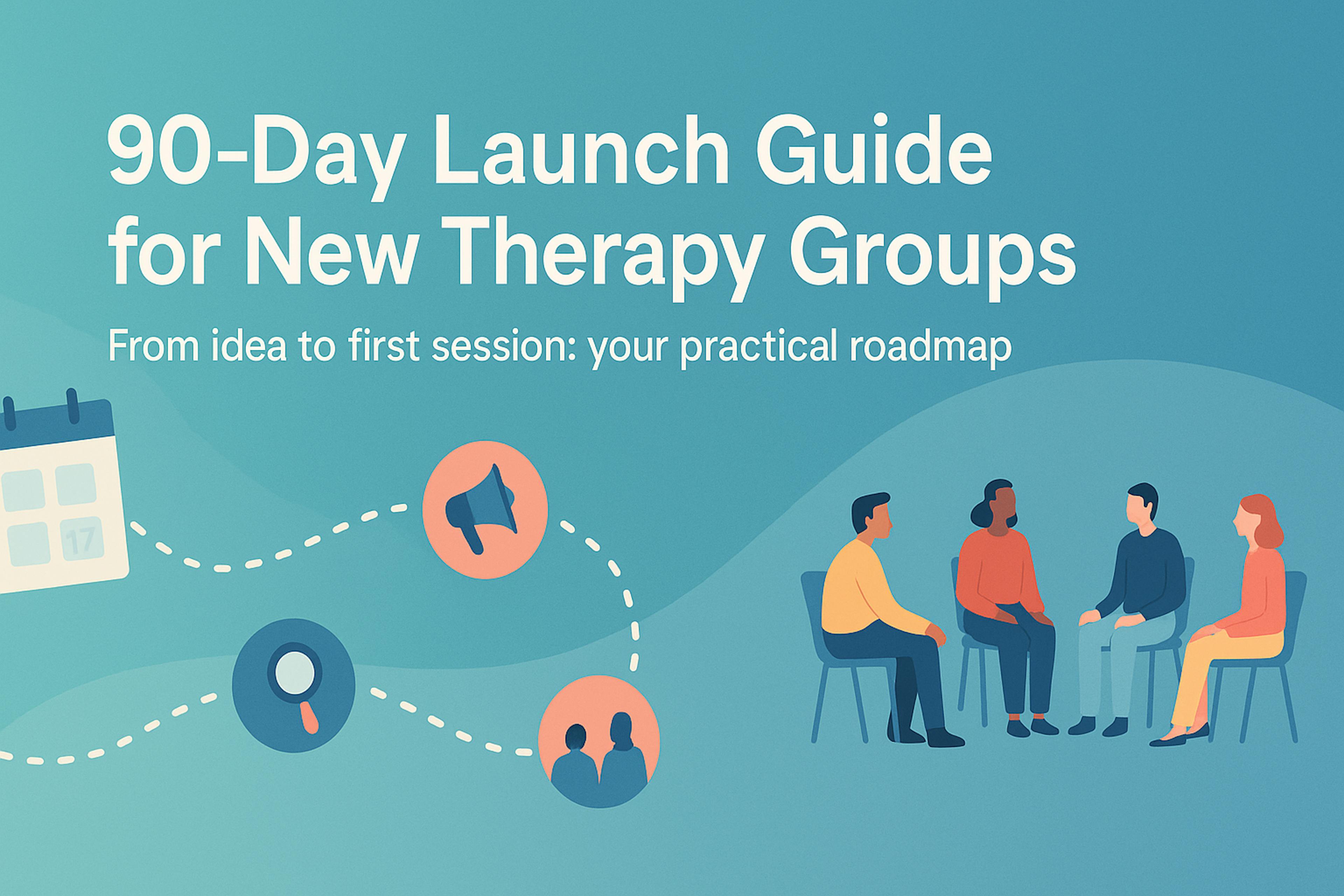 Flat-style illustration on a teal gradient background titled ‘90-Day Launch Guide for New Therapy Groups’; a dotted roadmap leads from a calendar icon to a megaphone and partner-icon, ending at a diverse four-person therapy circle—visually mapping the journey from planning to first session.