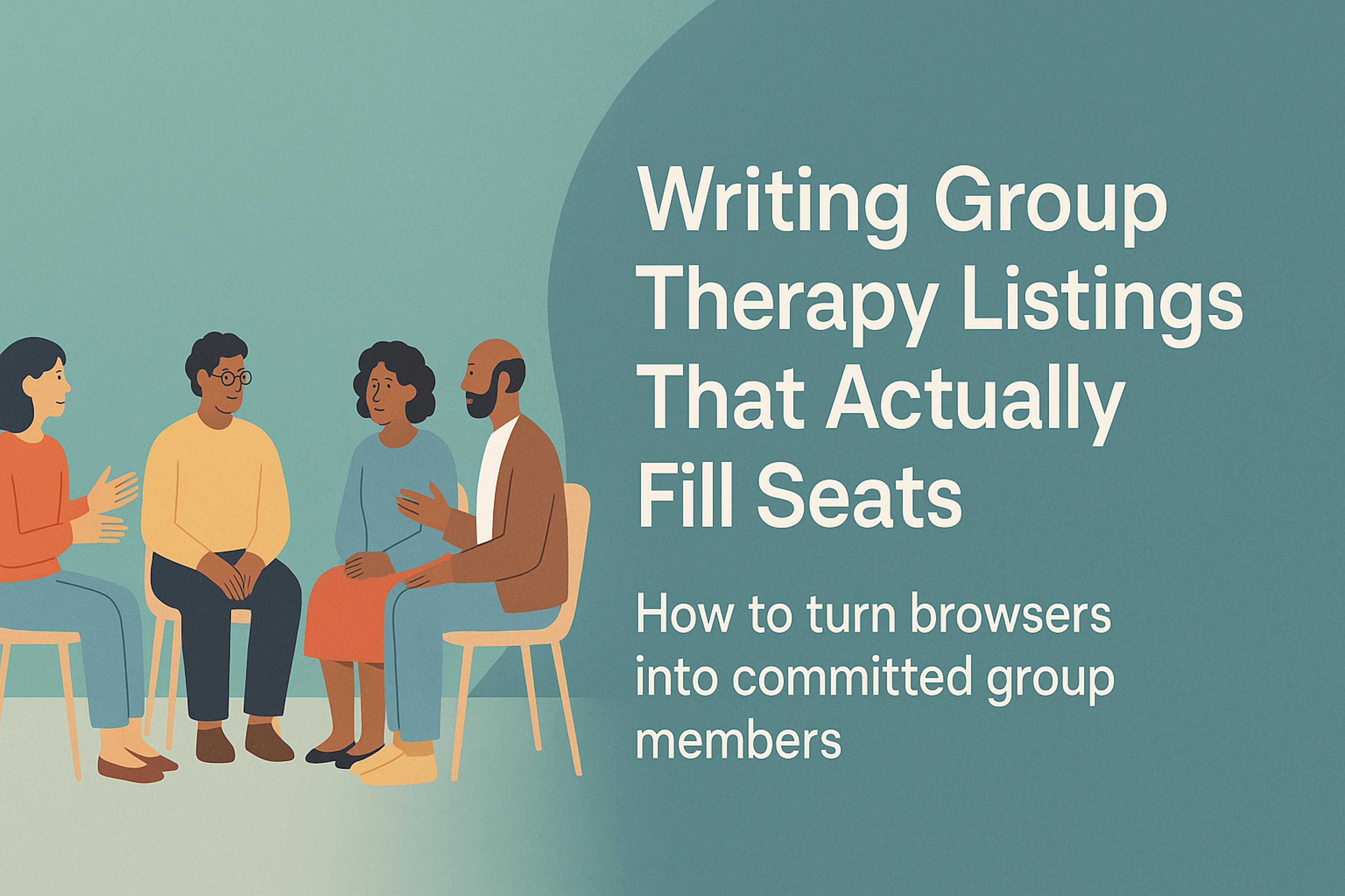 Flat-style illustration of four diverse adults talking in a circle during a group-therapy session, set against a teal background, with the headline ‘Writing Group Therapy Listings That Actually Fill Seats’ displayed on the right