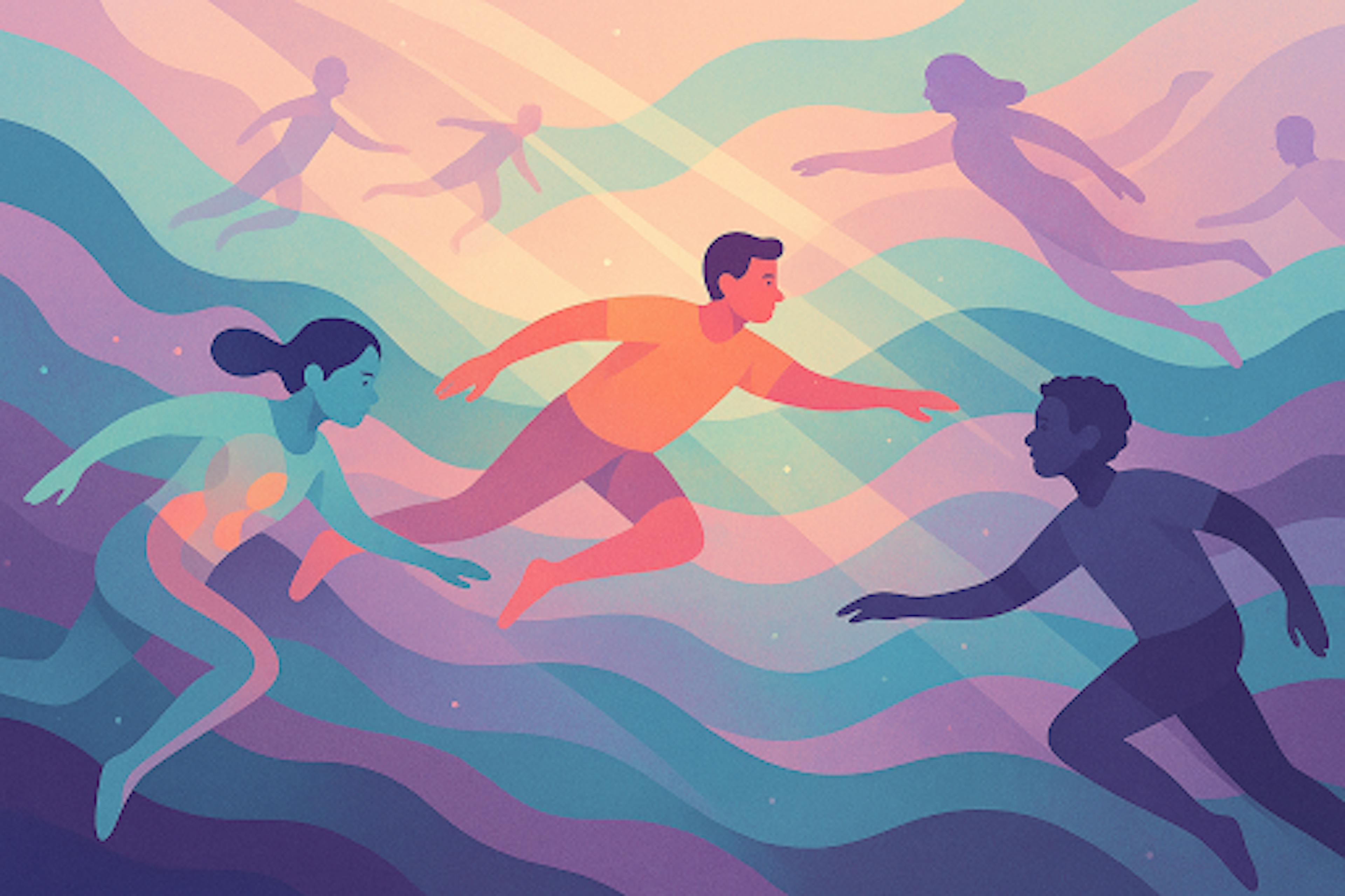 Colorful water like background with people in motion