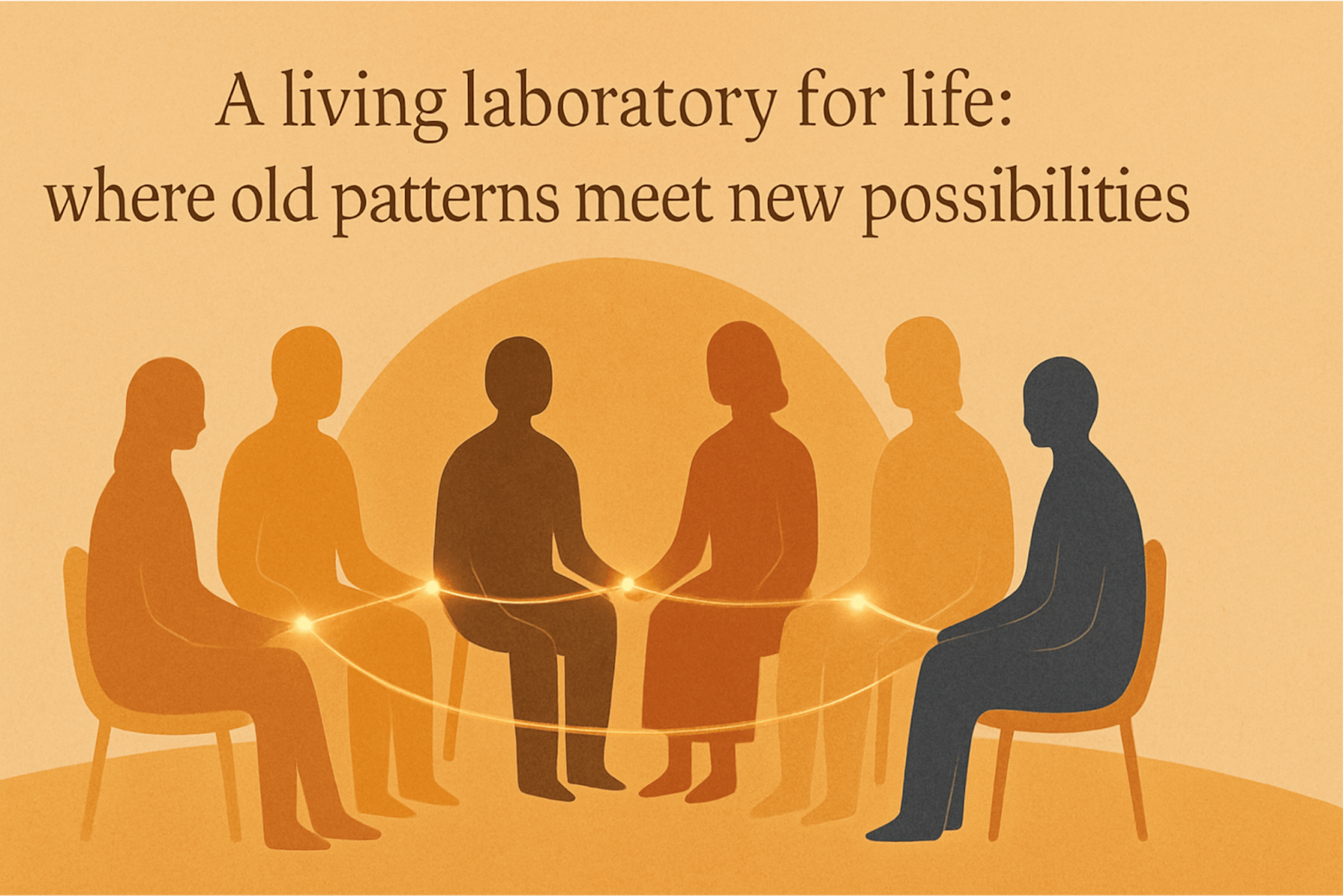 People sititng in circle with ethereal connective string and light in their hands. with text overlay: A living laboratory for life: where old patterns meet new possibilities