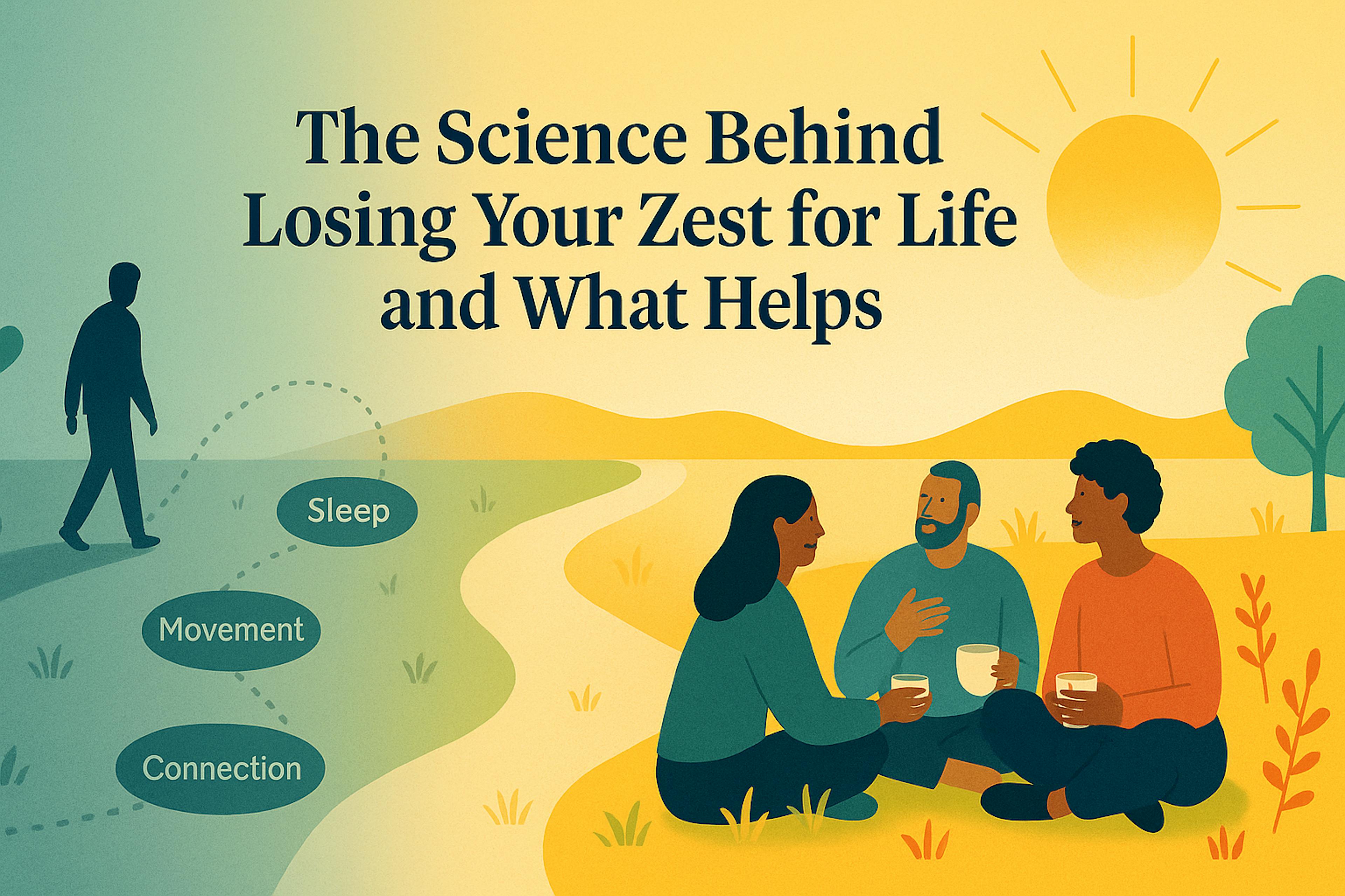 Split scene from gray solitude to warm community: a dotted path—Connection, Movement, Sleep—leads to three people chatting under a bright sun.