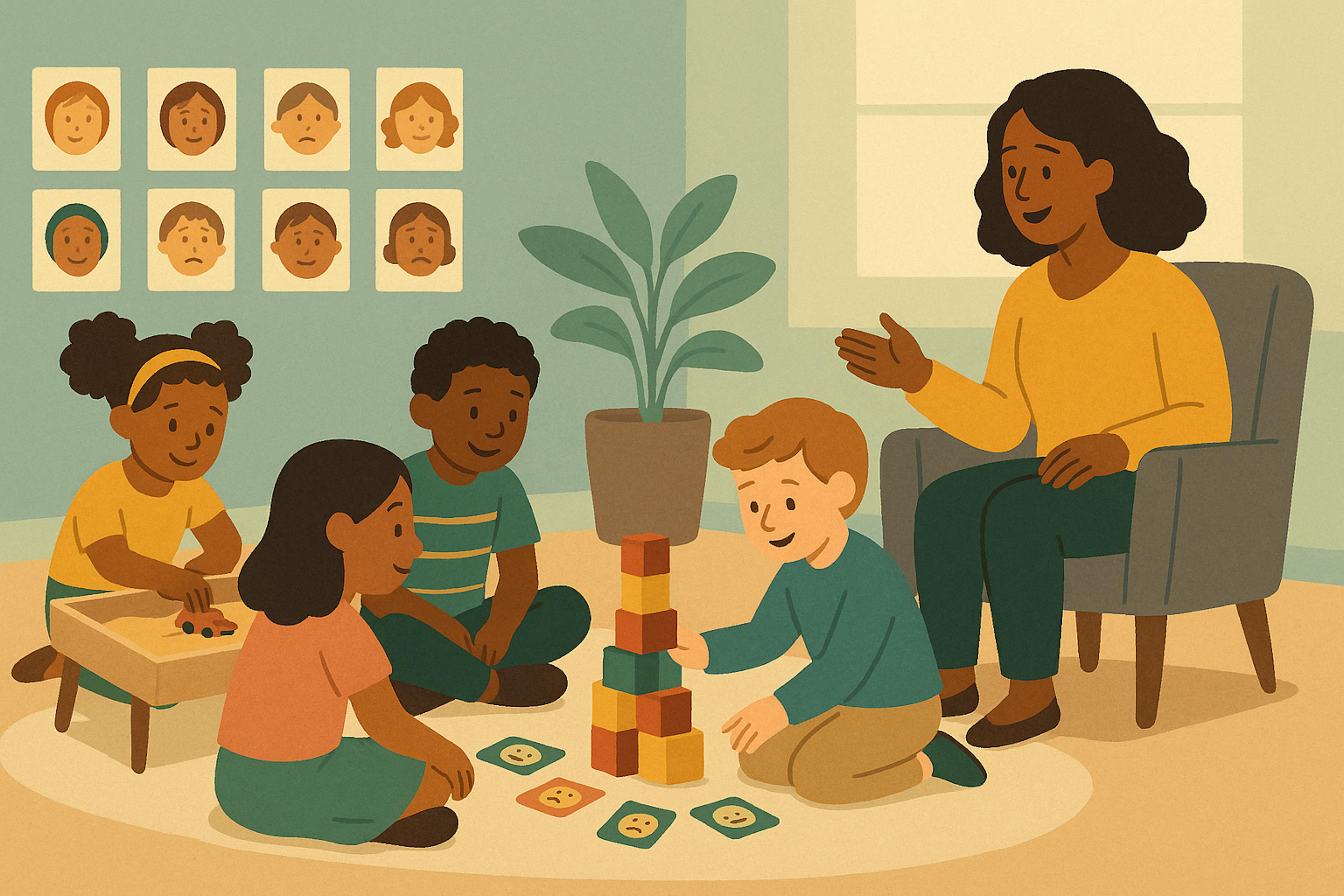 children in group play therapy practicing social skills