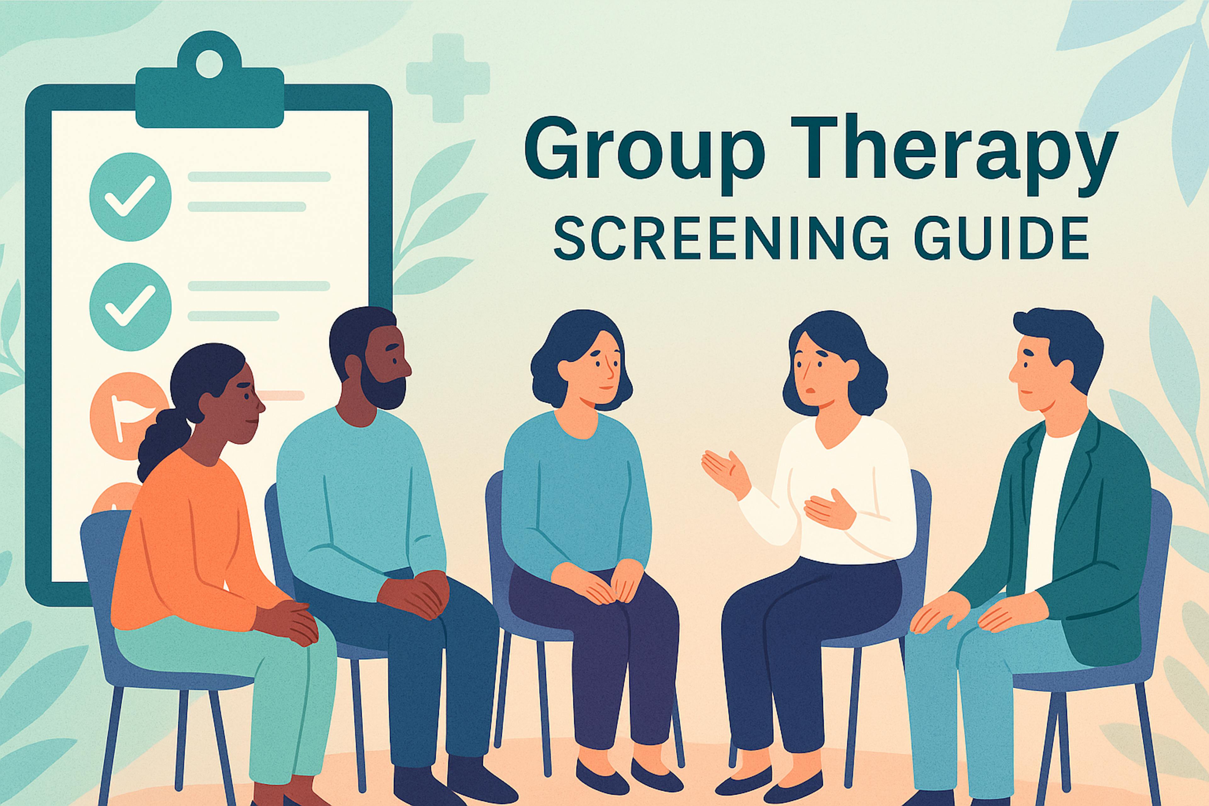 picture with diverse group of people. 2 men. one with a beard. three woman. one woman in white shirt talking. text overlay on picture says group therapy screening guide. check list in background.