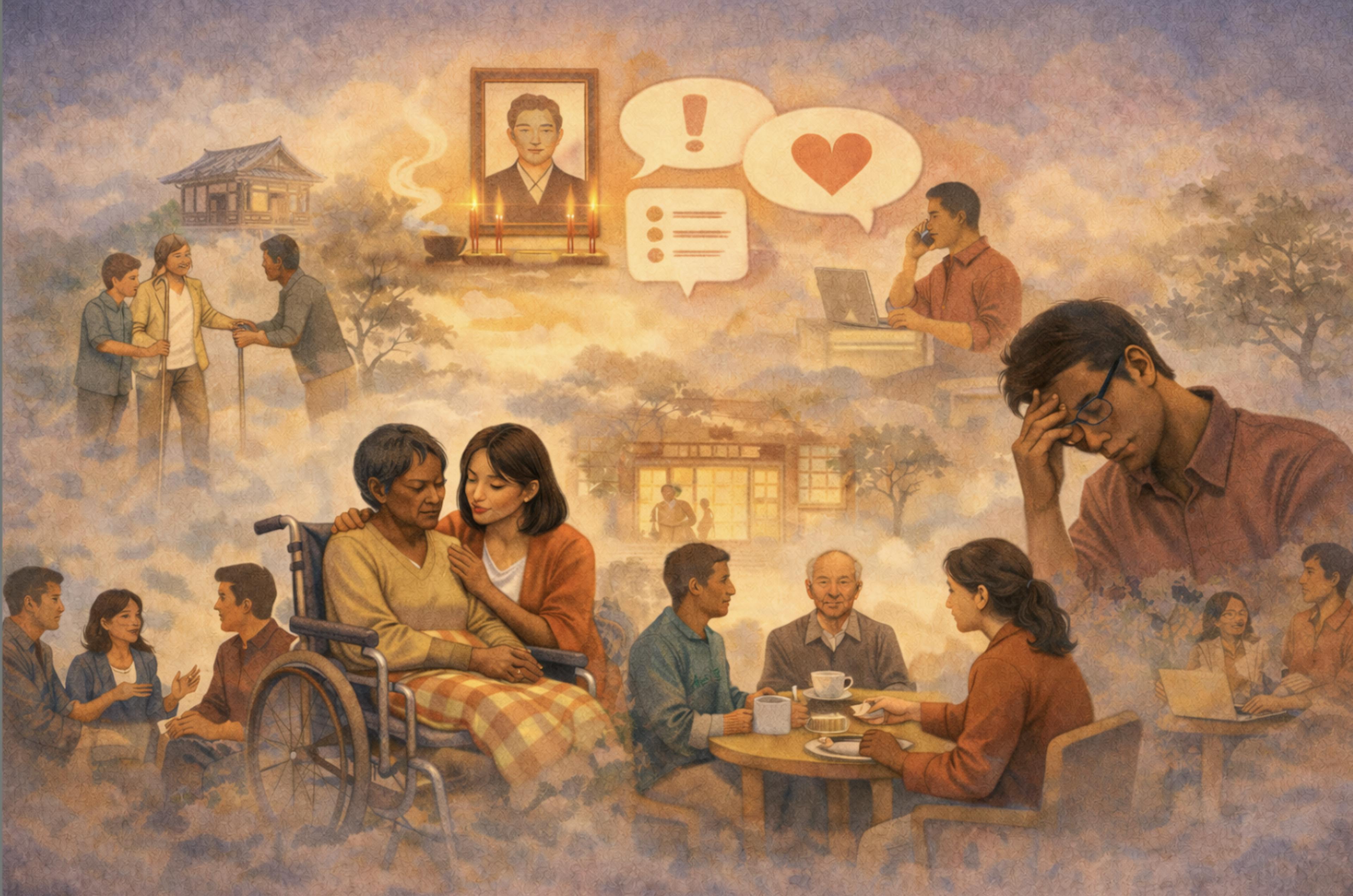 multi-scene elder care. people in wheel chair and person helping talking older people at house. calling on phone with heart emoji